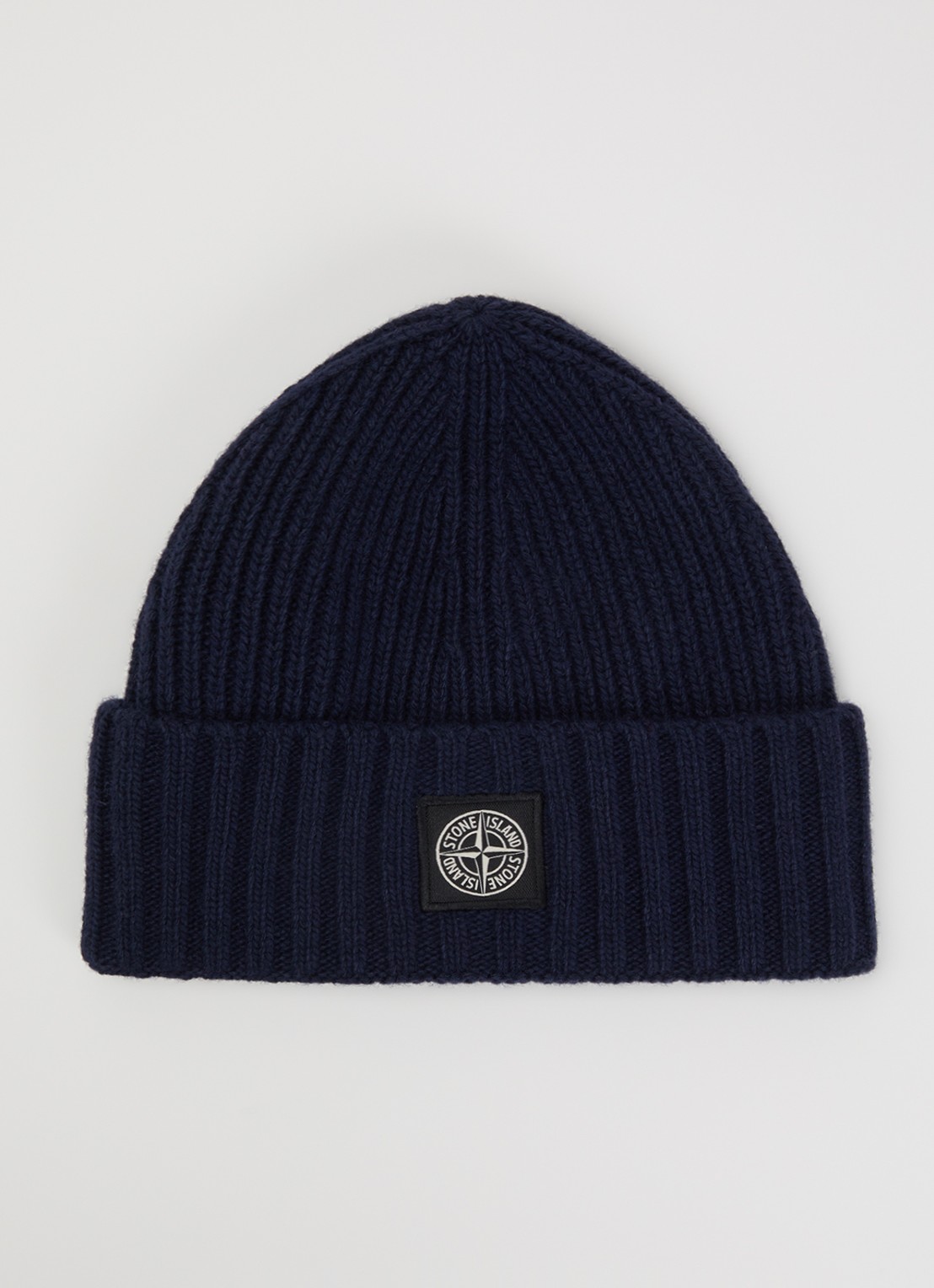 Stone Island Ribgebreide muts in scheerwolblend met logo - voorkant donkerblauw
