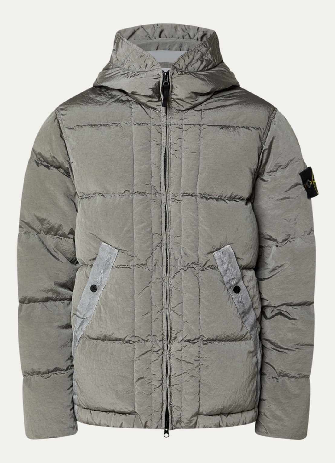 Stone Island S0019 puffer jack met capuchon en donsvulling - voorkant grijs
