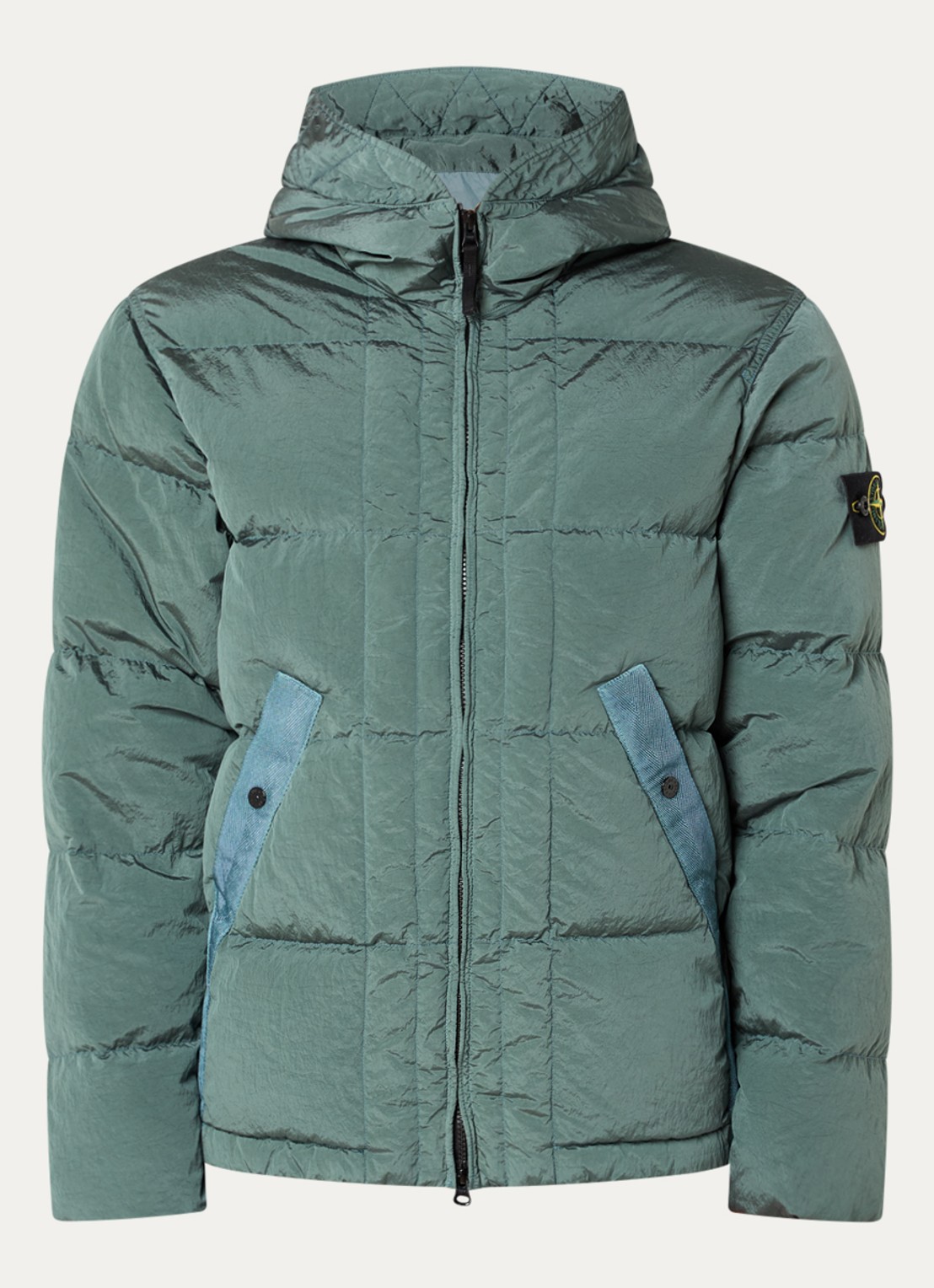 Stone Island S0019 puffer jack met capuchon en donsvulling - voorkant zeegroen