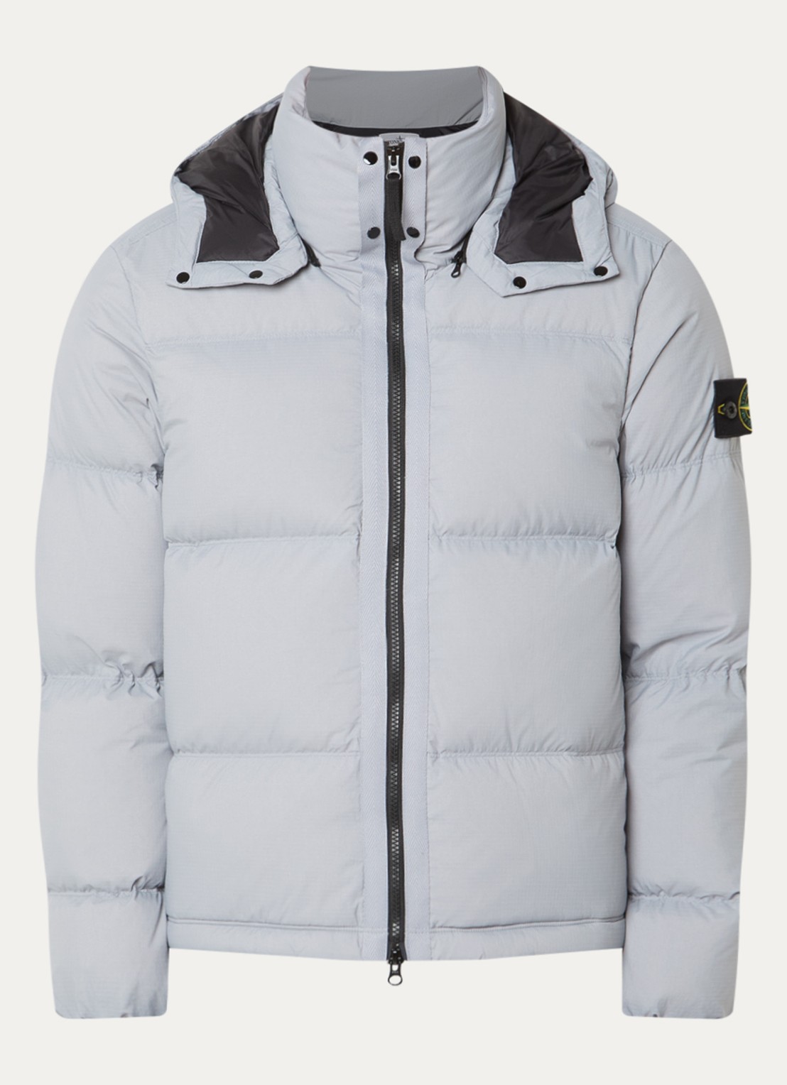 Stone Island S0483 puffer jacket met donsvulling en afneembare capuchon - voorkant grijs
