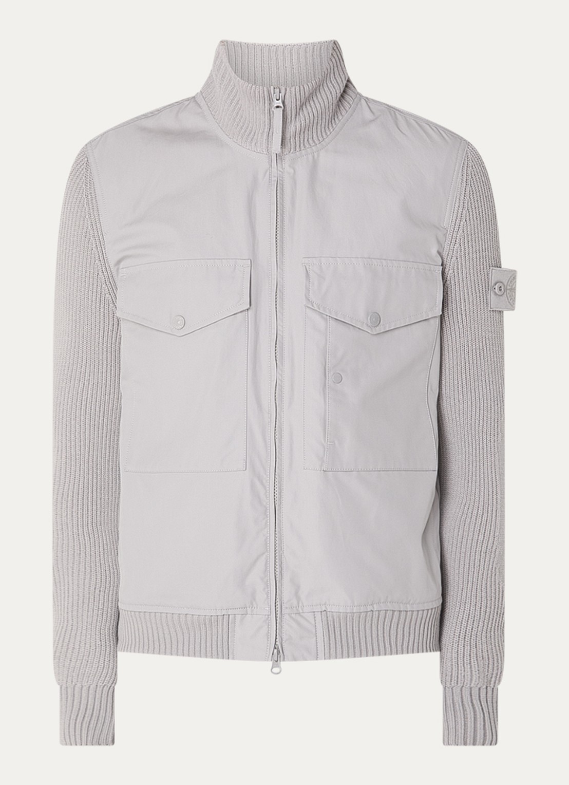 Stone Island S0F01 Grofgebreide jack met borstzakken en logo - voorkant lichtgrijs