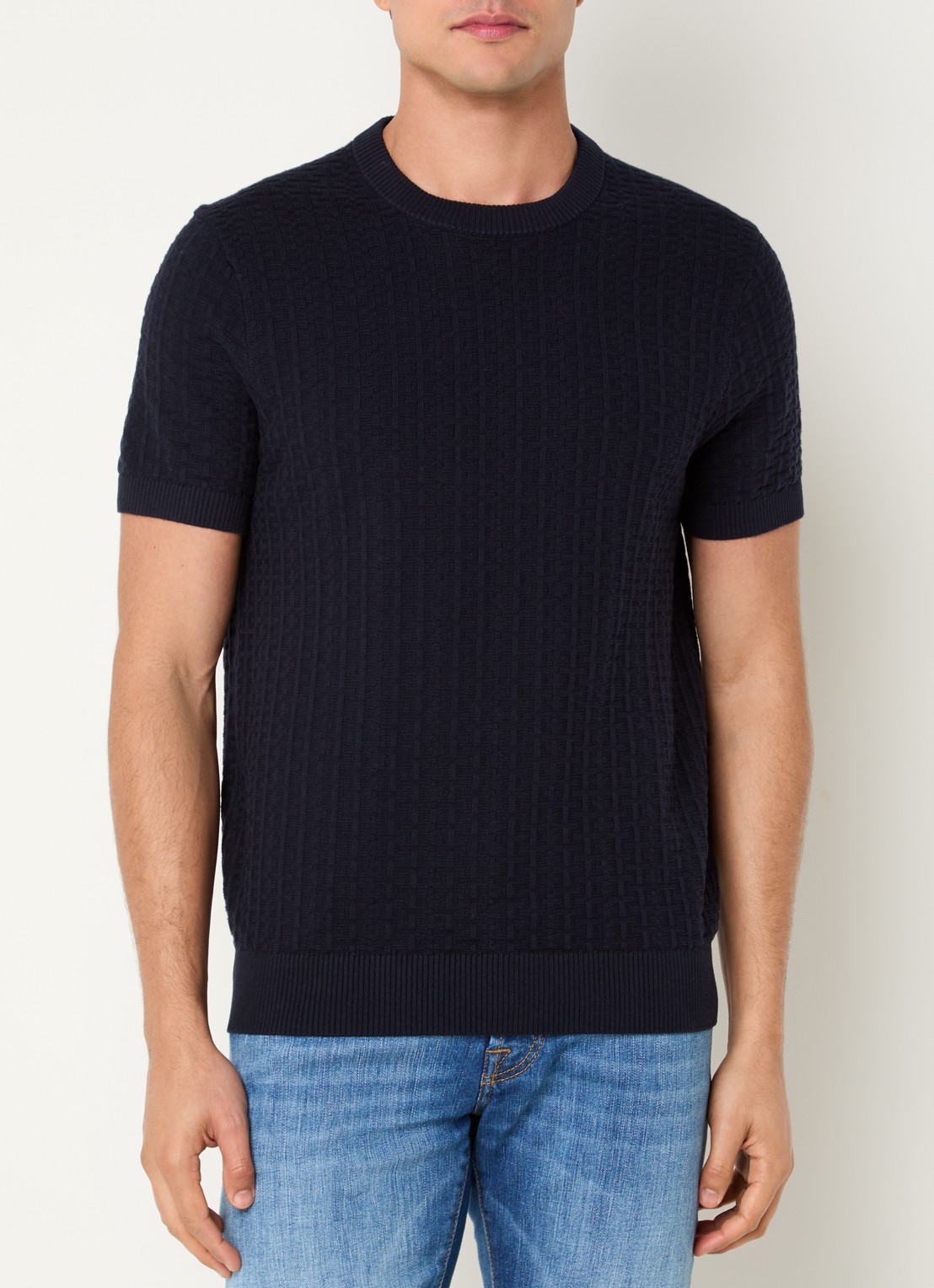 Strellson Grofgebreide pullover met logo - detail 2 donkerblauw