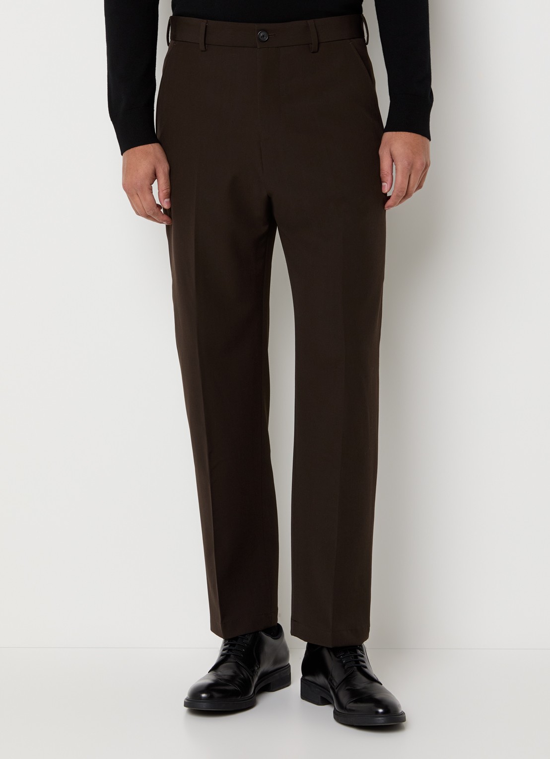 Strellson Joe straight fit pantalon van scheerwol met persplooi - detail donkerbruin