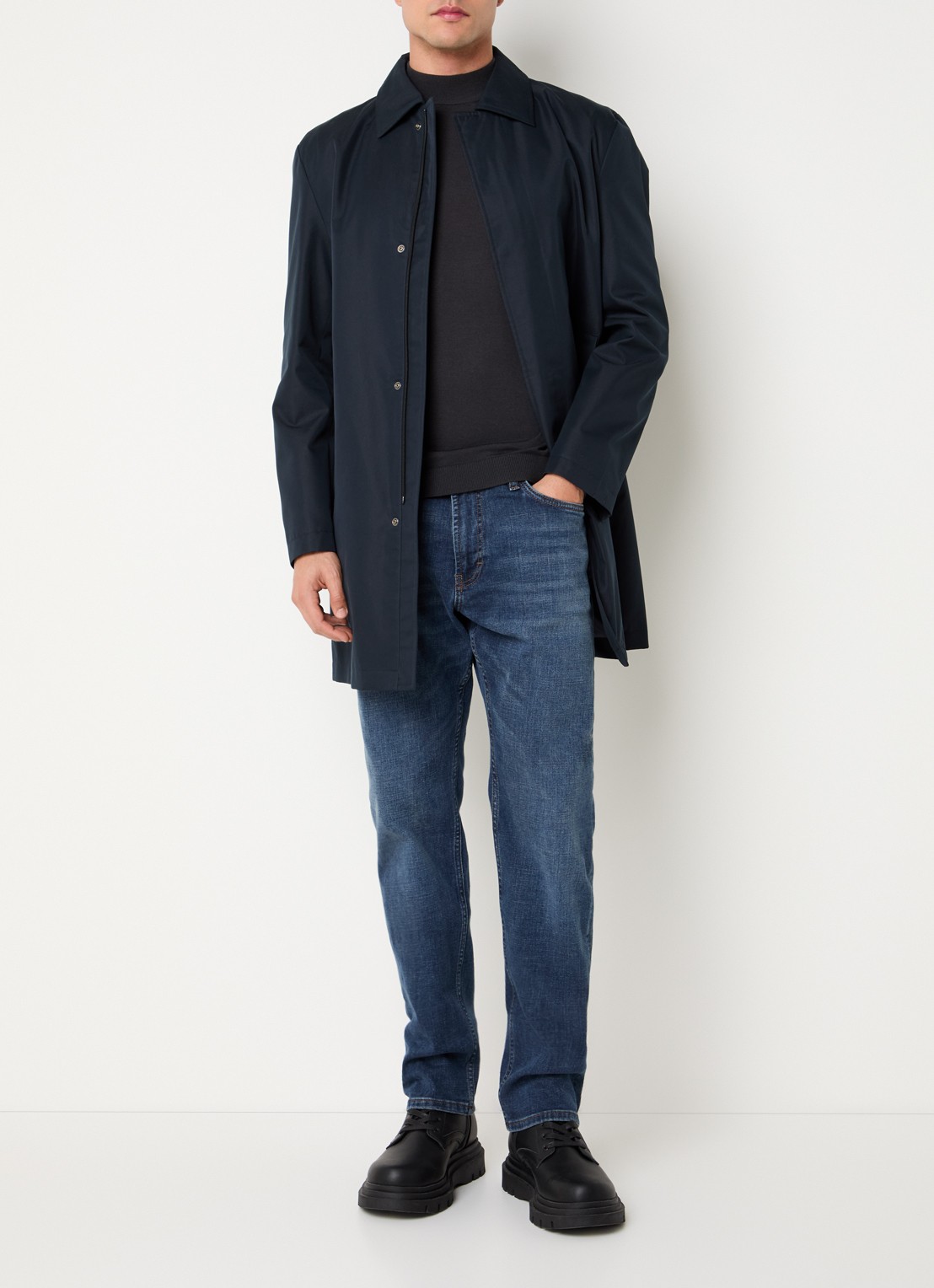Strellson Naro trenchcoat met steekzakken en kraag - voorkant 3 donkerblauw