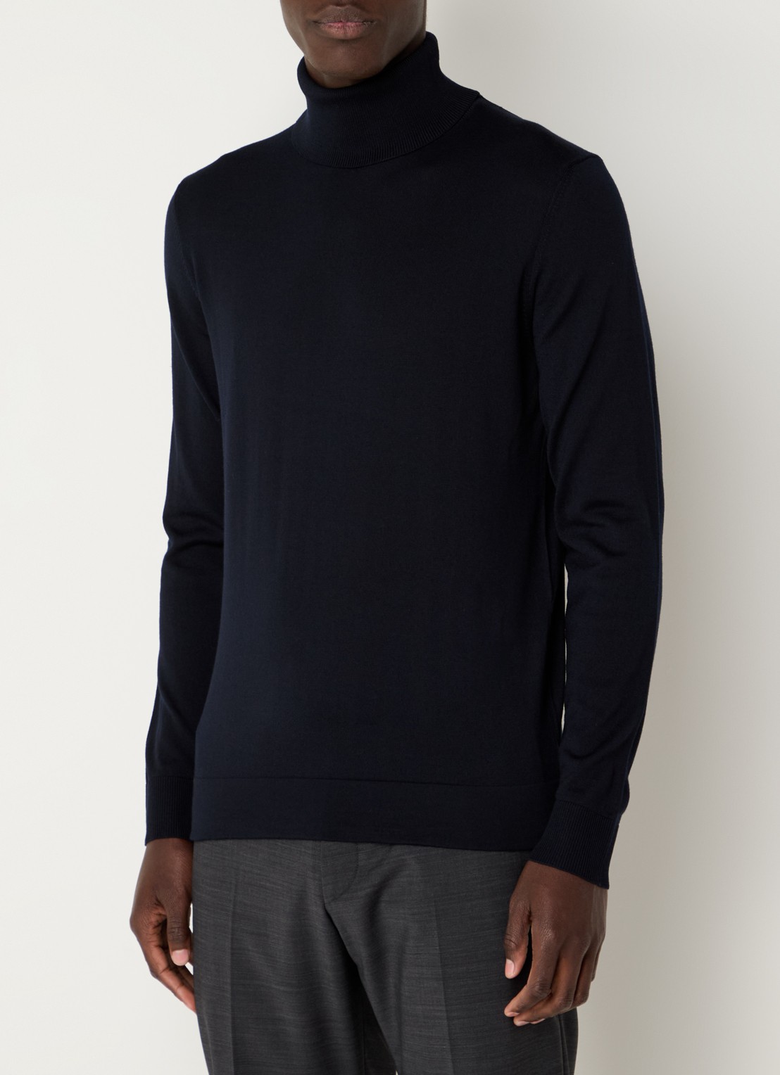 Strellson Ribgebreide trui van scheerwol met col - detail 4 donkerblauw
