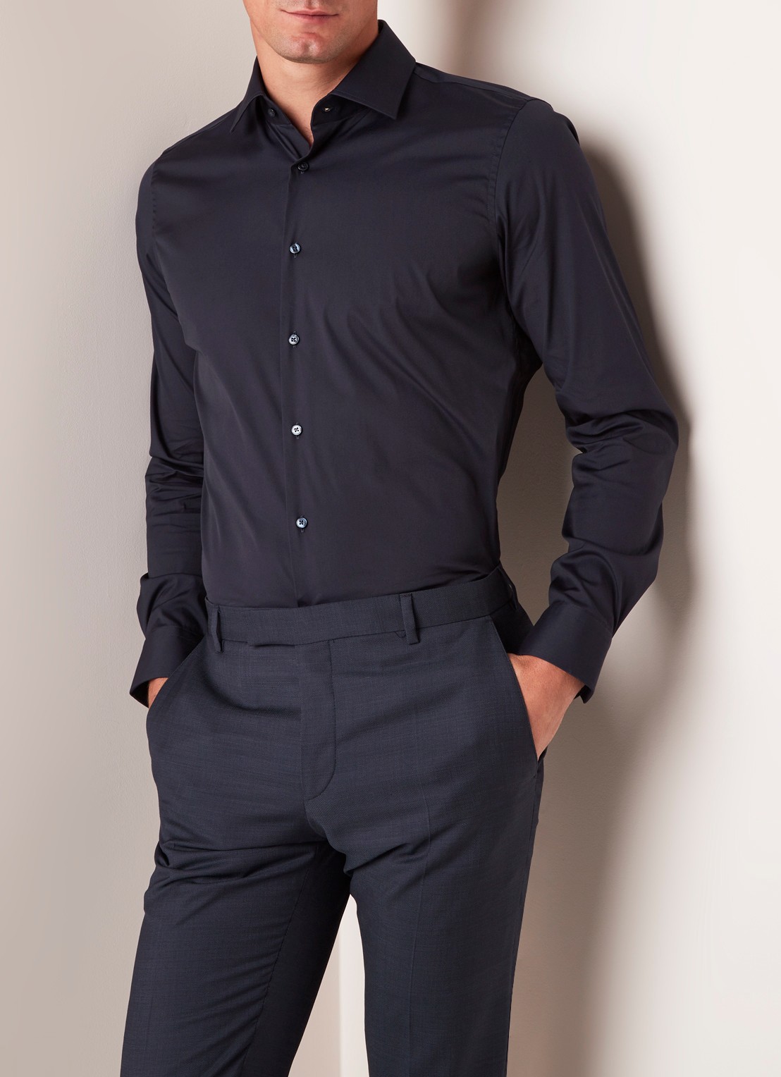 Strellson Santos slim fit overhemd met stretch - detail donkerblauw