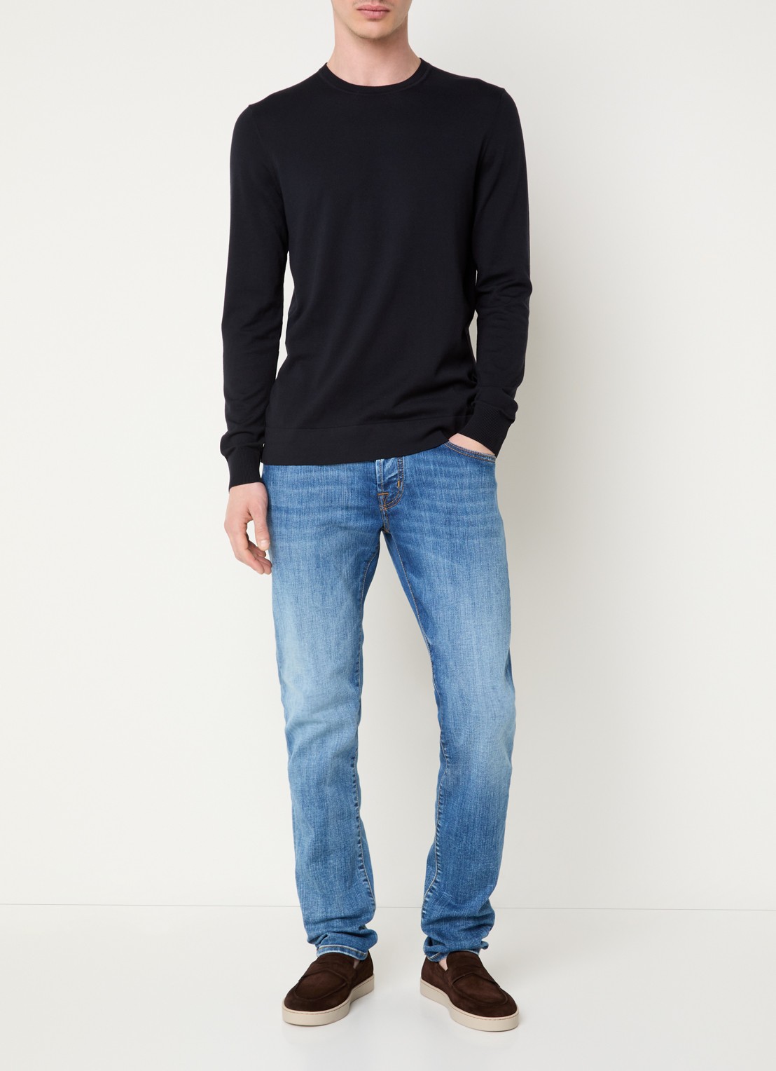 Strellson Vincent fijngebreide pullover met ronde hals - voorkant 2 donkerblauw