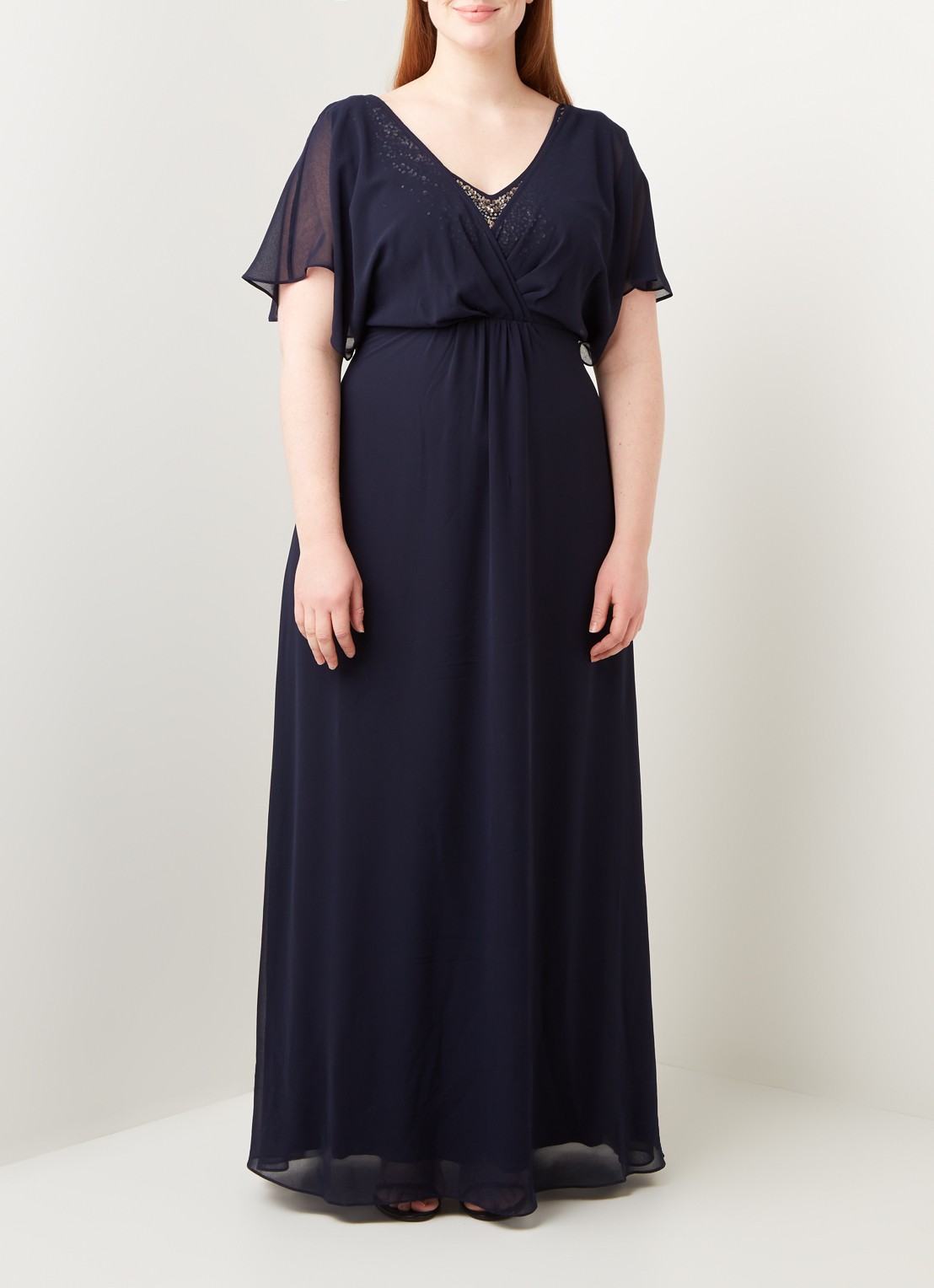 Studio 8 Albertina maxi jurk van chiffon met vlindermouw en pailletten - voorkant 3 donkerblauw