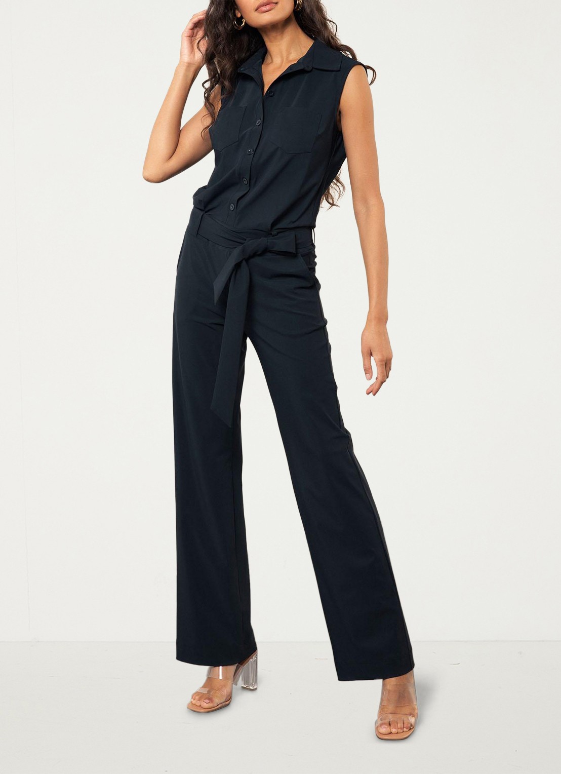 Studio Anneloes Angel straight fit jumpsuit van travelstof - voorkant 4 donkerblauw