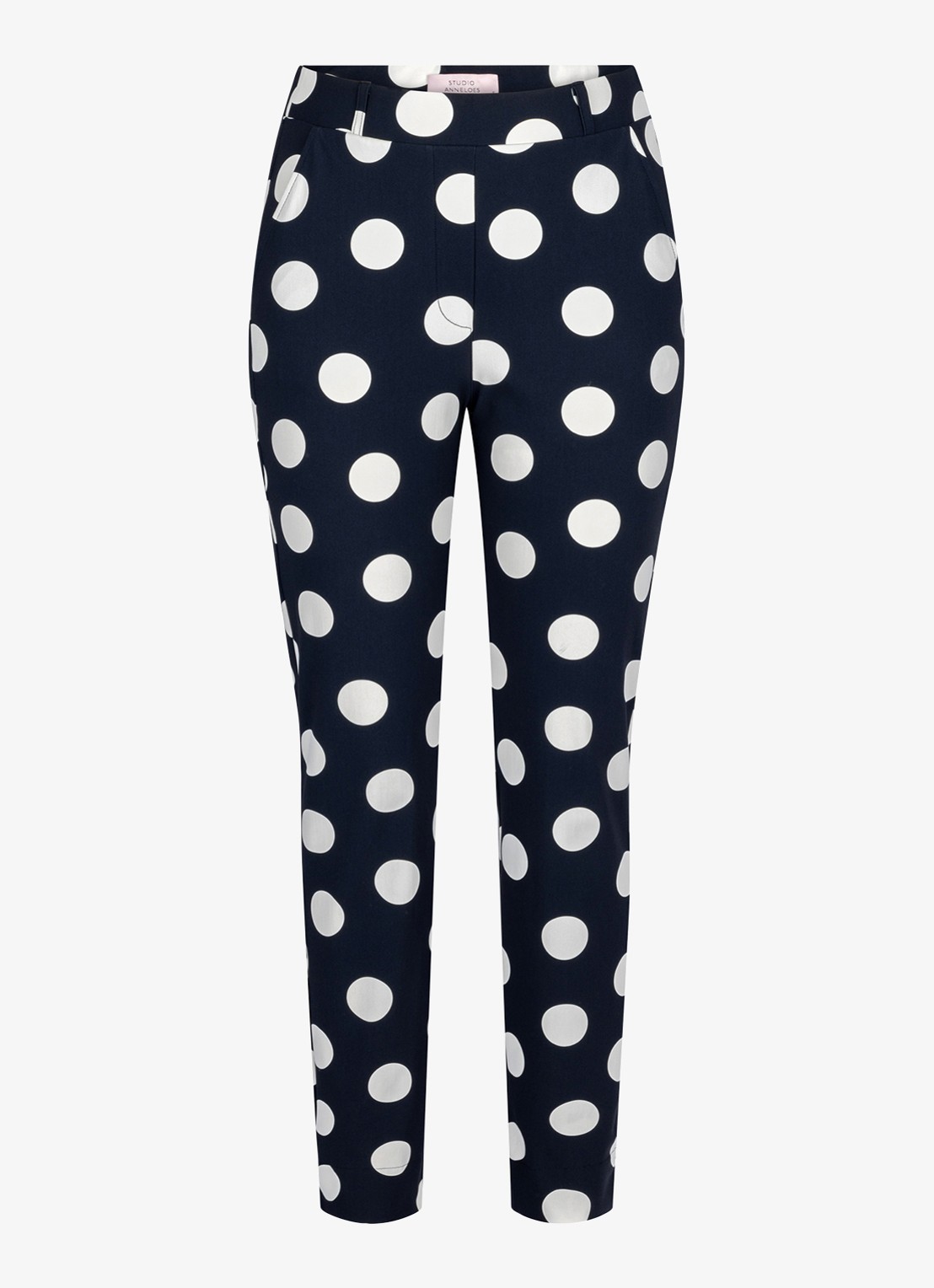Studio Anneloes Anne high waist slim fit broek met stippenprint - voorkant blauw