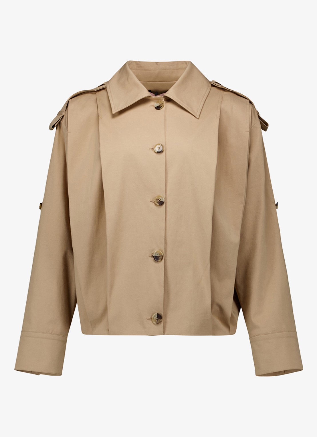 Studio Anneloes Atlas cropped single breasted trenchcoat met geplooid detail - voorkant bruin