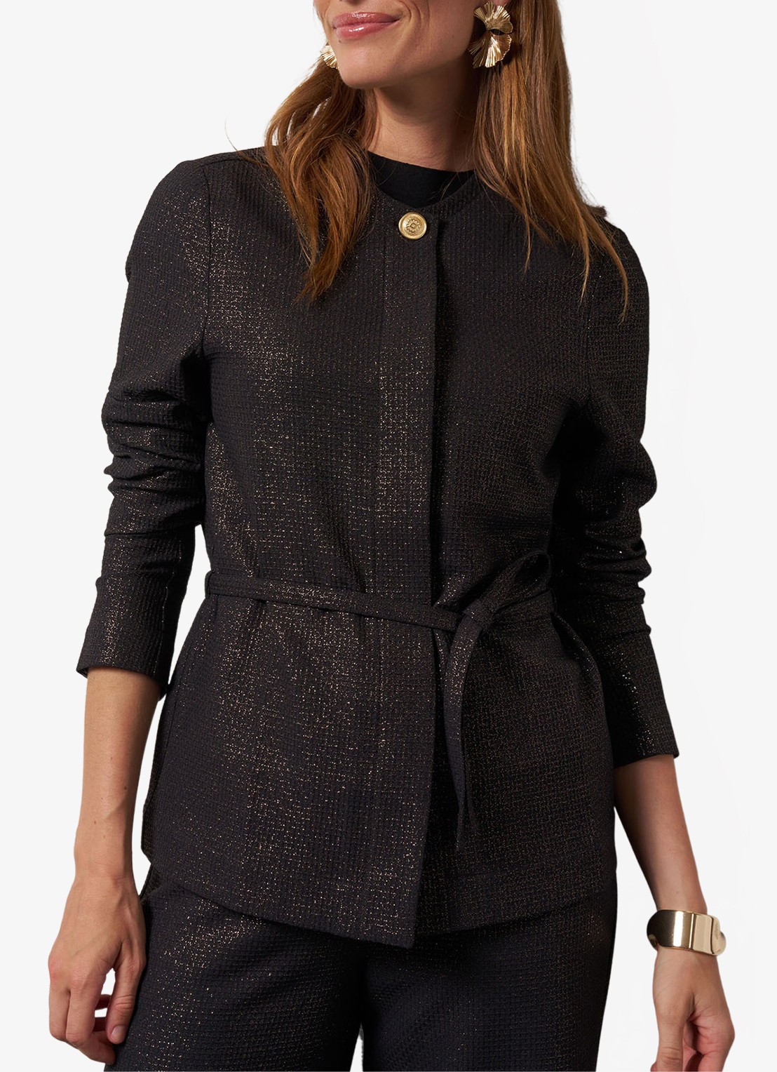 Studio Anneloes Blazer met lurex en strikceintuur - detail zwart