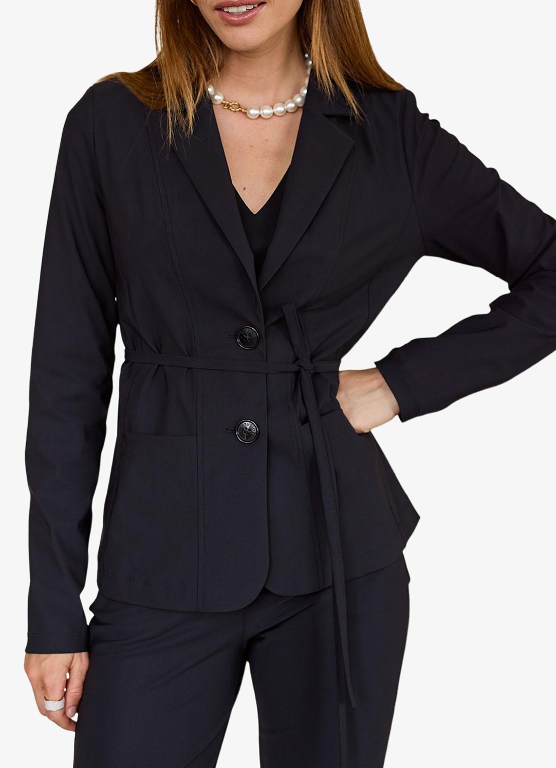 Studio Anneloes Blazer met strikceintuur en paspelzakken - detail 3 zwart