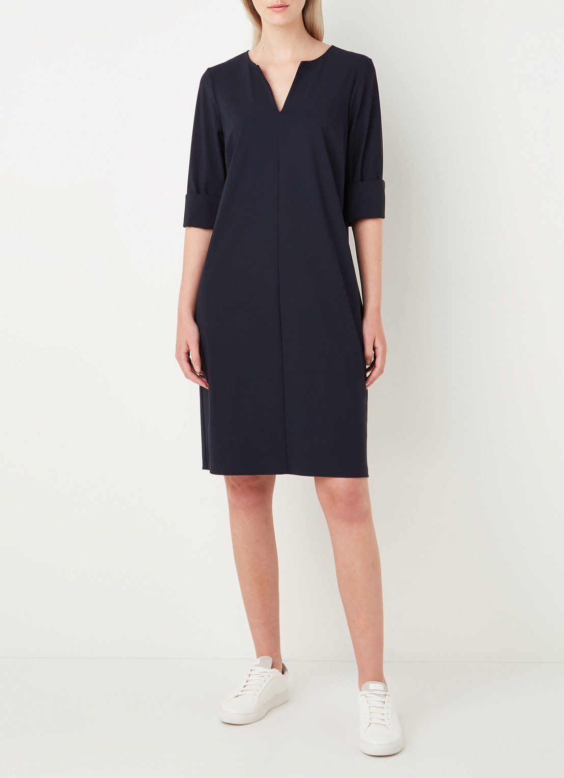 Studio Anneloes Caro mini tuniekjurk van travelstof met steekzakken - voorkant 3 donkerblauw