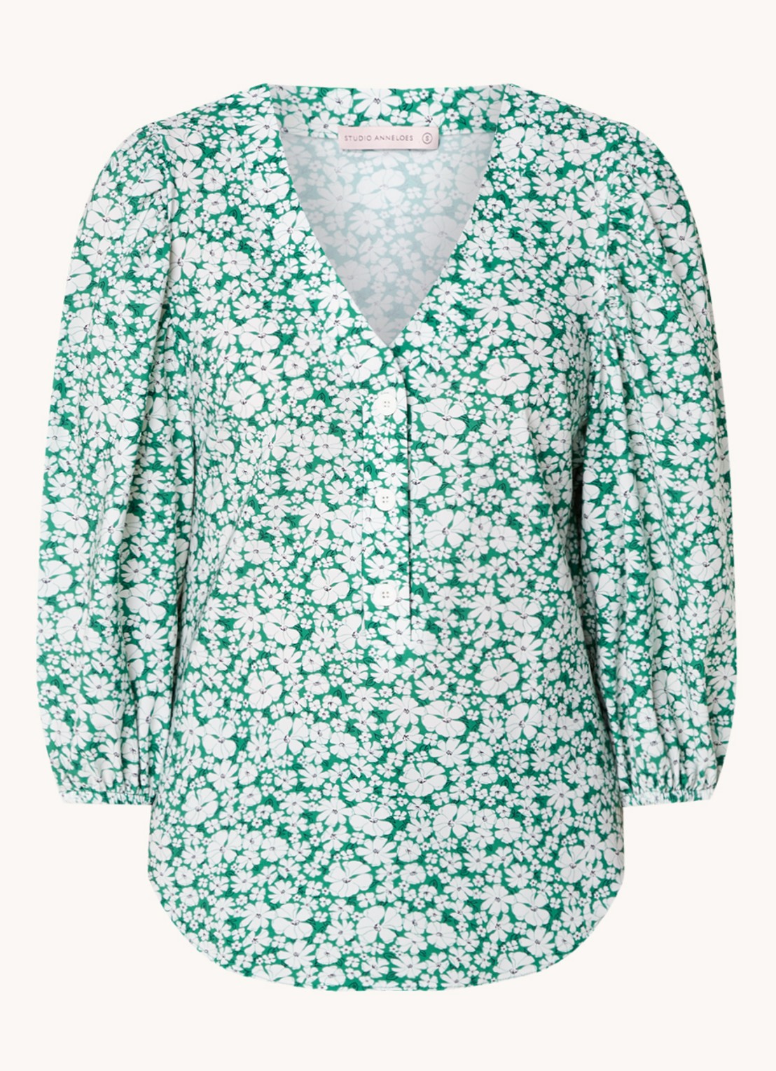 Studio Anneloes Cher blouse van travelstof met bloemenprint - voorkant groen