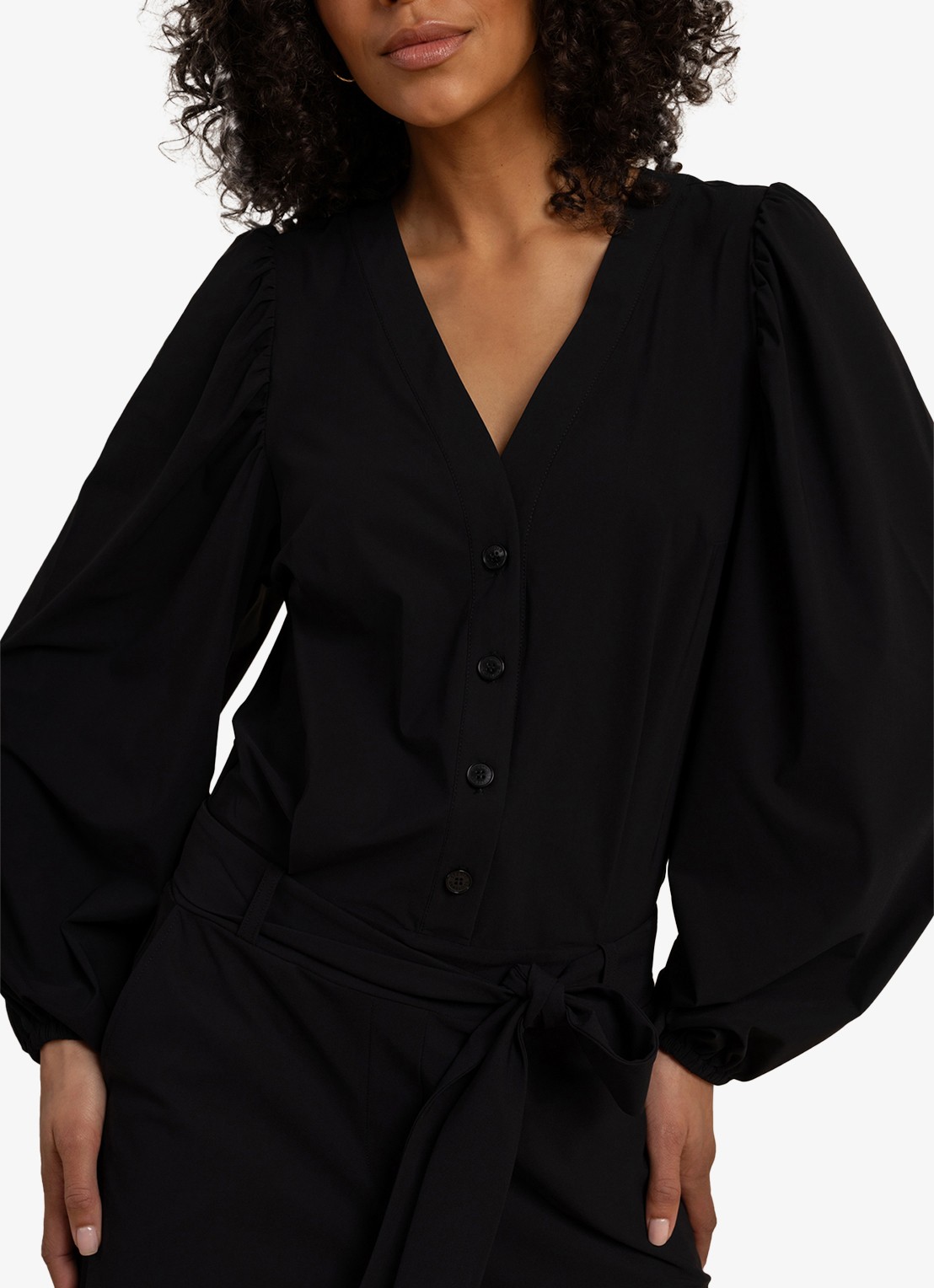 Studio Anneloes Cherie straight fit jumpsuit met strikceintuur - voorkant 4 zwart