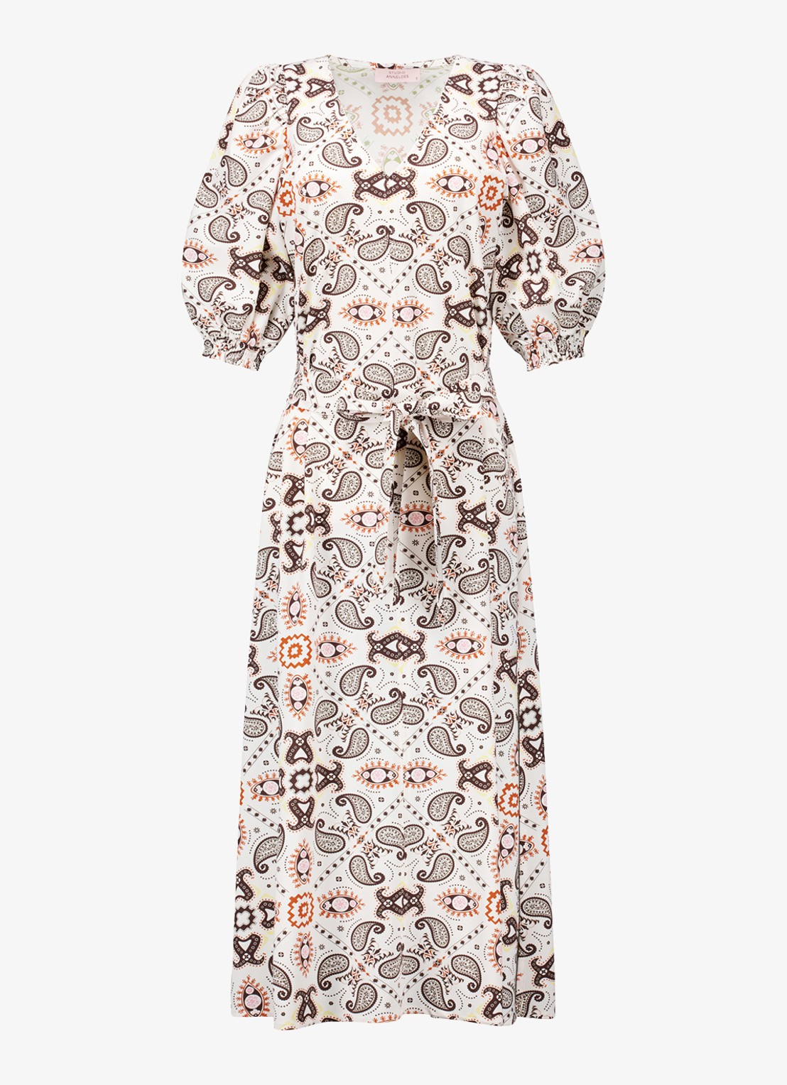 Studio Anneloes Emira maxi jurk met pofmouw en strikceintuur - voorkant 3 creme
