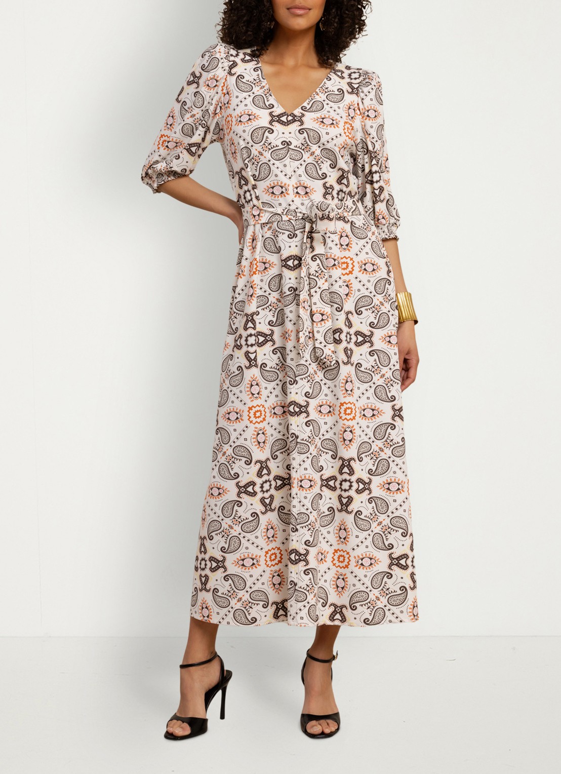 Studio Anneloes Emira maxi jurk met pofmouw en strikceintuur - voorkant 4 creme