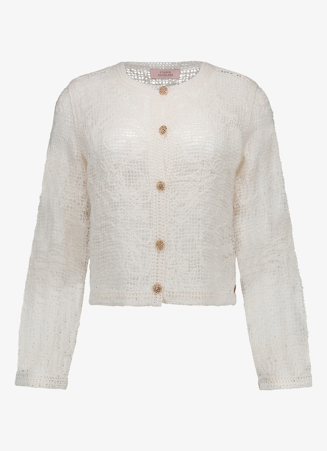Studio Anneloes Fay opengebreid vest van crochet - voorkant 2 gebroken wit