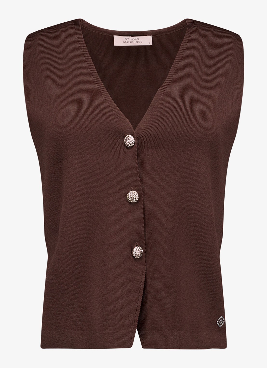 Studio Anneloes Fenna ribgebreide gilet met sierknopen  - voorkant 2 bruin