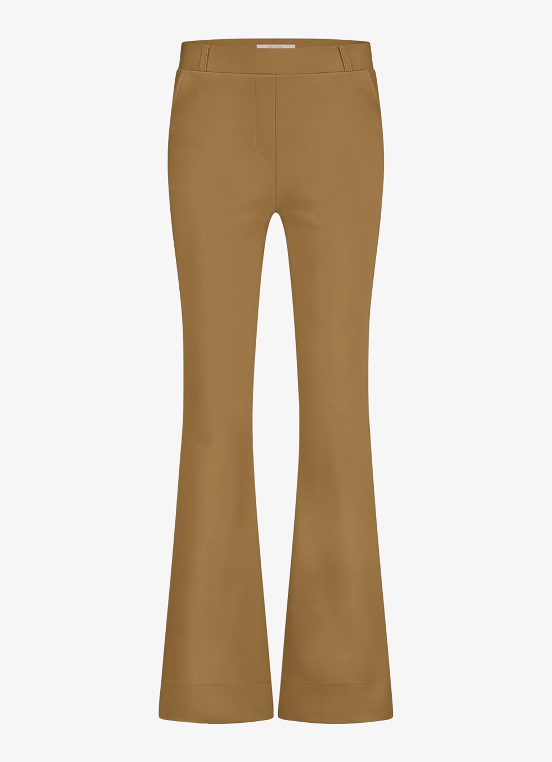 Studio Anneloes Flair mid waist flared fit pantalon van travelstof - voorkant 4 okergeel