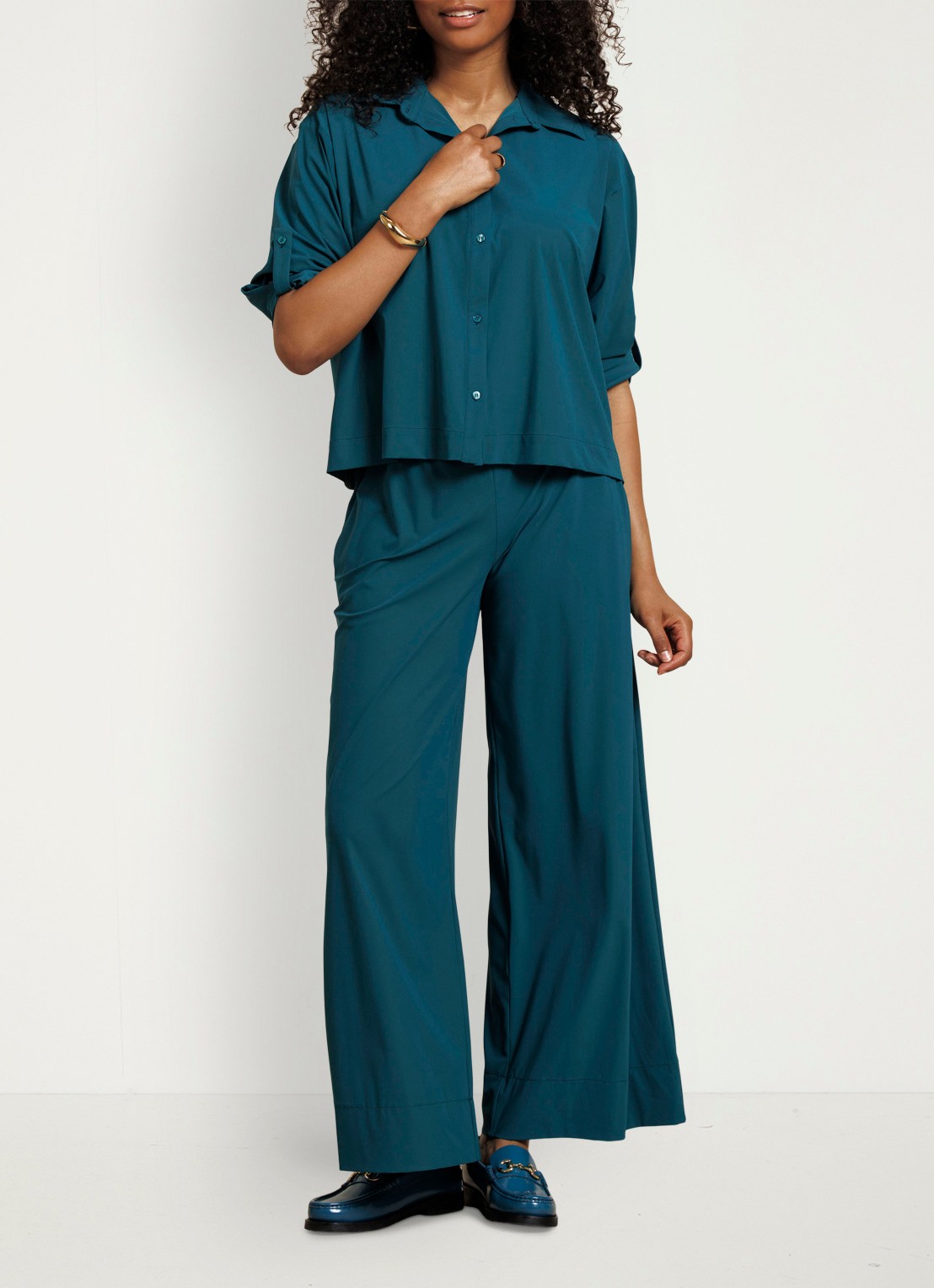 Studio Anneloes Grace high waist wide fit palazzo broek met trekkoord - voorkant 2 zeegroen