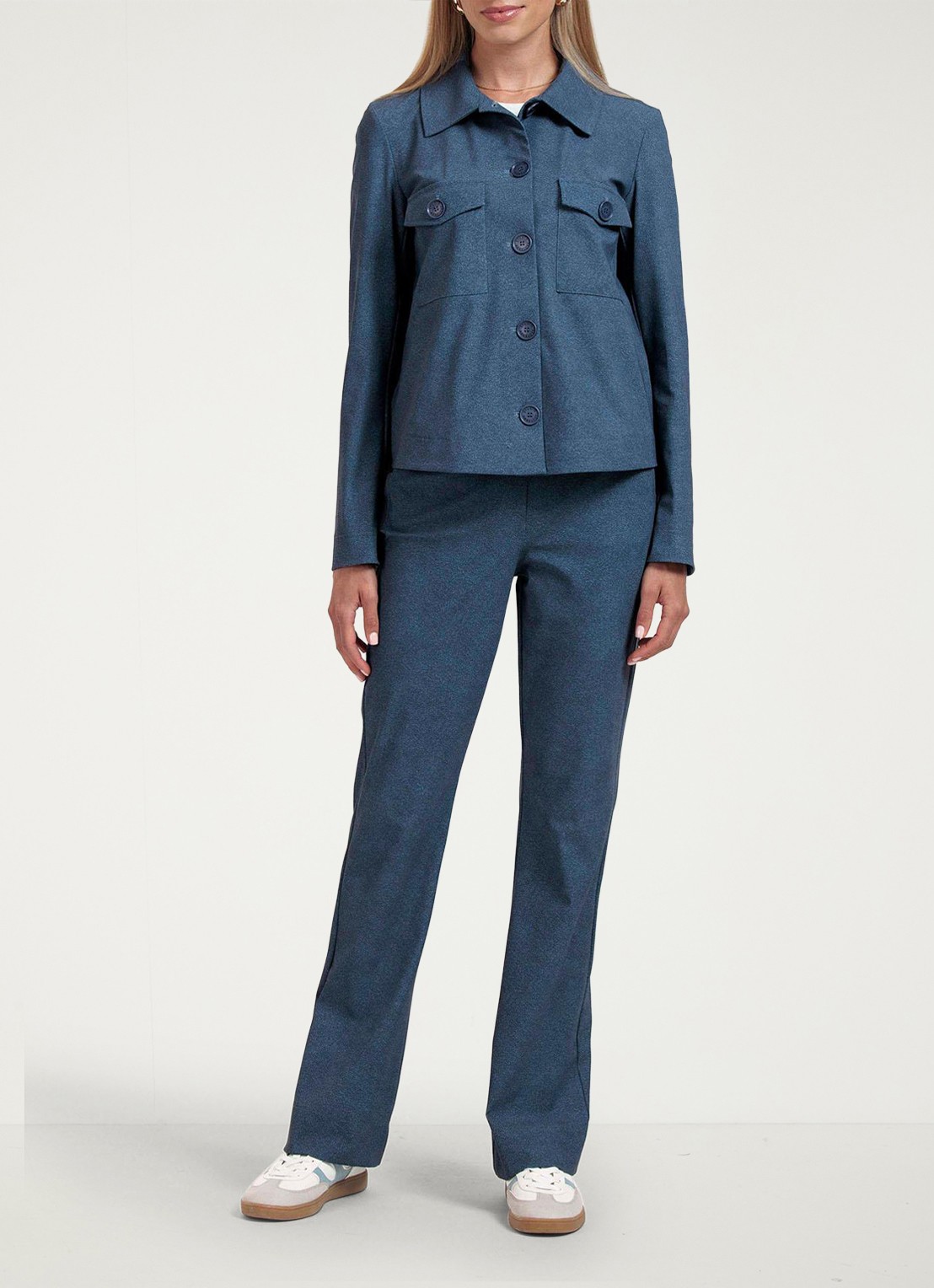 Studio Anneloes High waist flared fit broek met gemêleerd dessin - voorkant 4 indigo