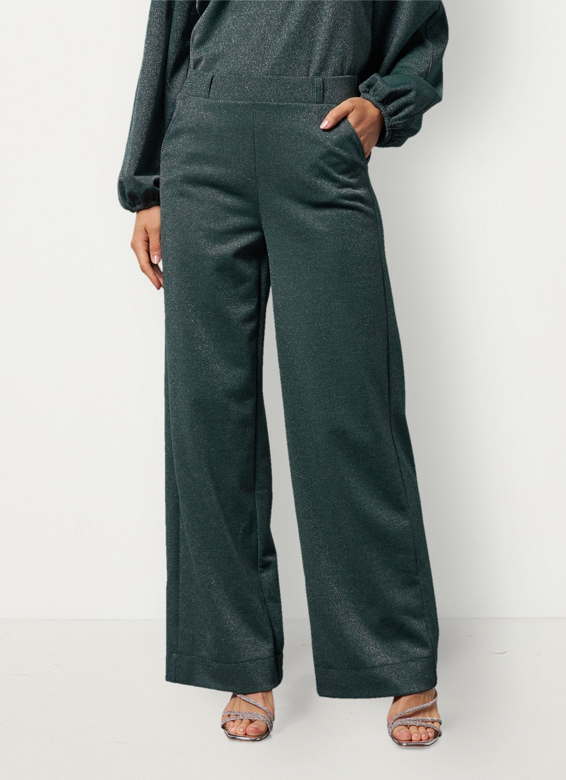 Studio Anneloes High waist wide fit pantalon met lurex en steekzakken - detail 2 groen