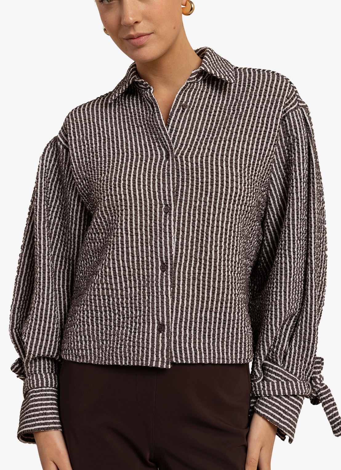 Studio Anneloes Ivara blouse met structuur en streepprint - detail 3 bruin