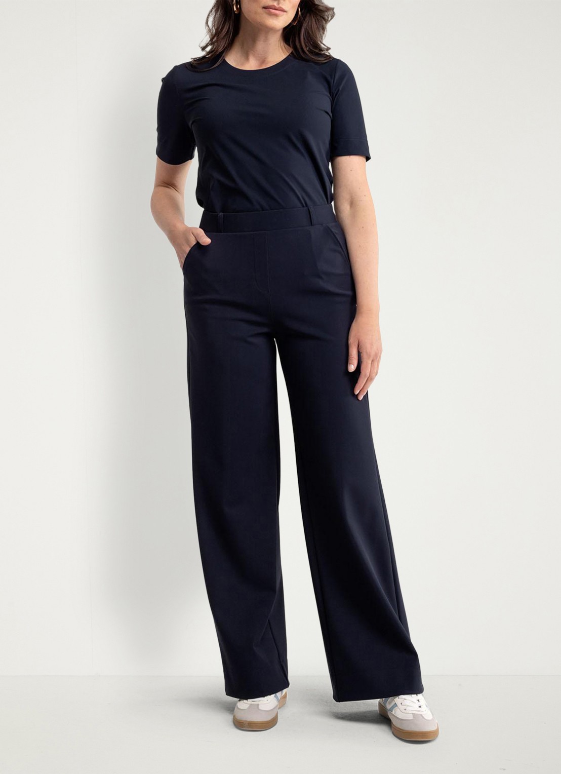 Studio Anneloes Lexie high waist wide fit broek met steekzakken - voorkant 3 donkerblauw