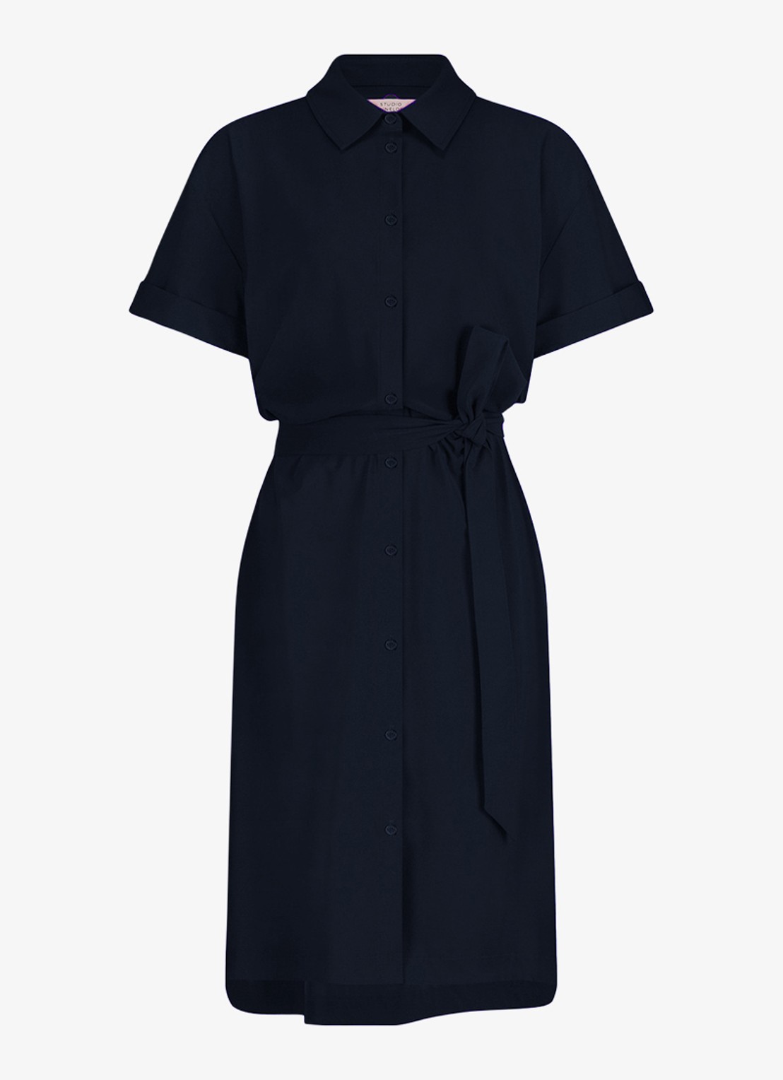 Studio Anneloes Louni midi blousejurk met strikceintuur - voorkant 2 donkerblauw