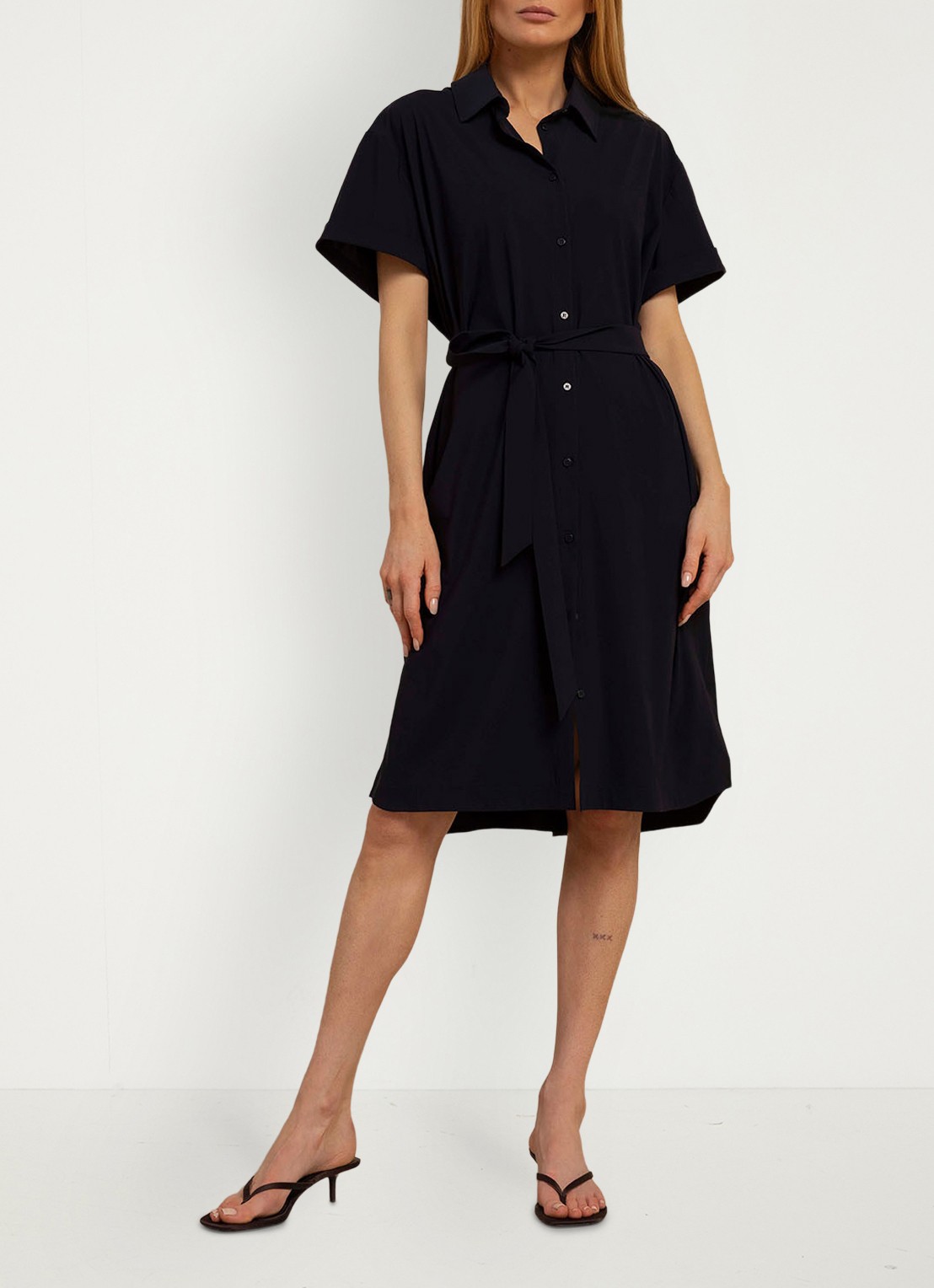 Studio Anneloes Louni midi blousejurk met strikceintuur - voorkant 3 donkerblauw