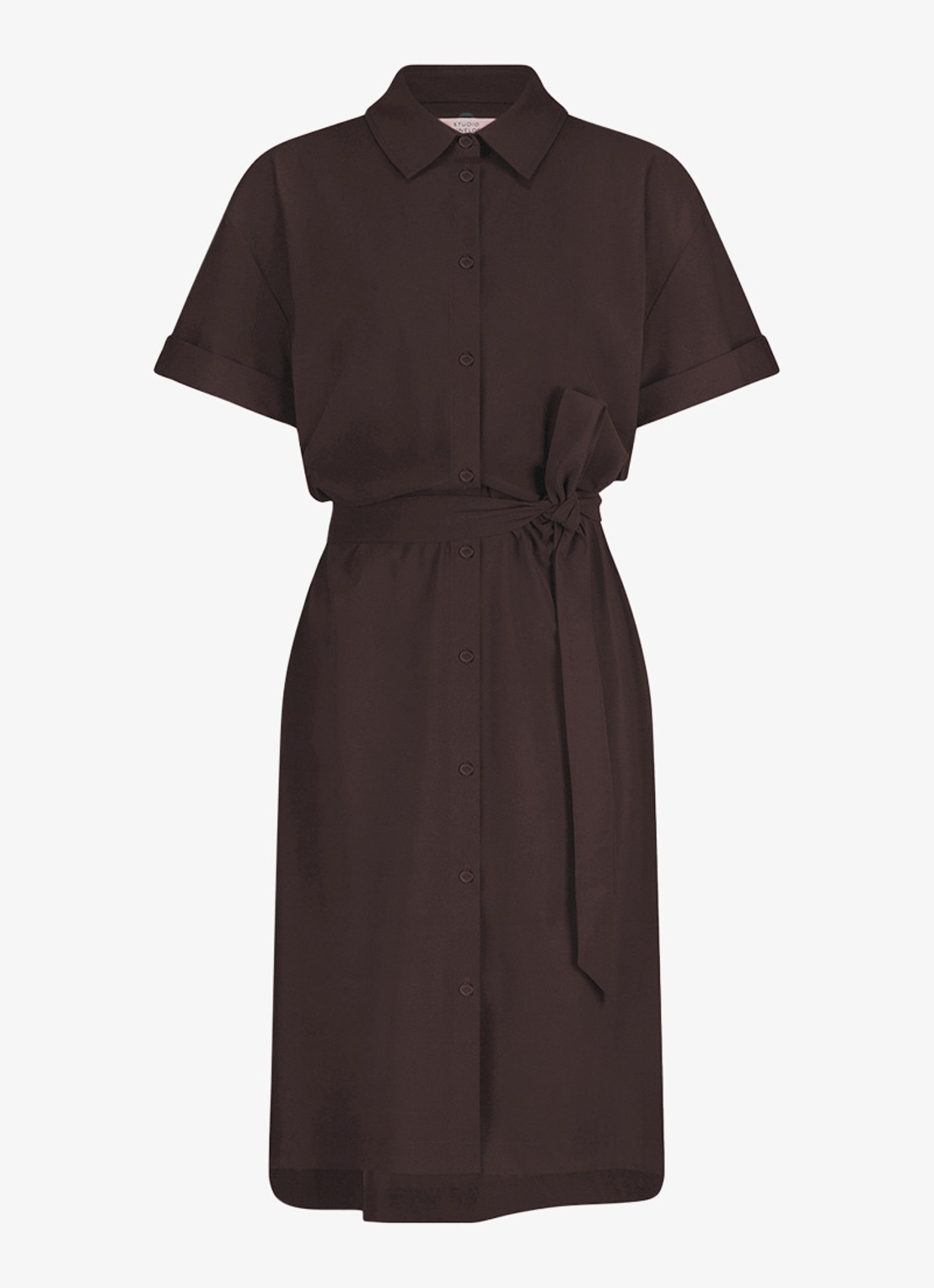Studio Anneloes Louni mini blousejurk met strikceintuur - voorkant bruin