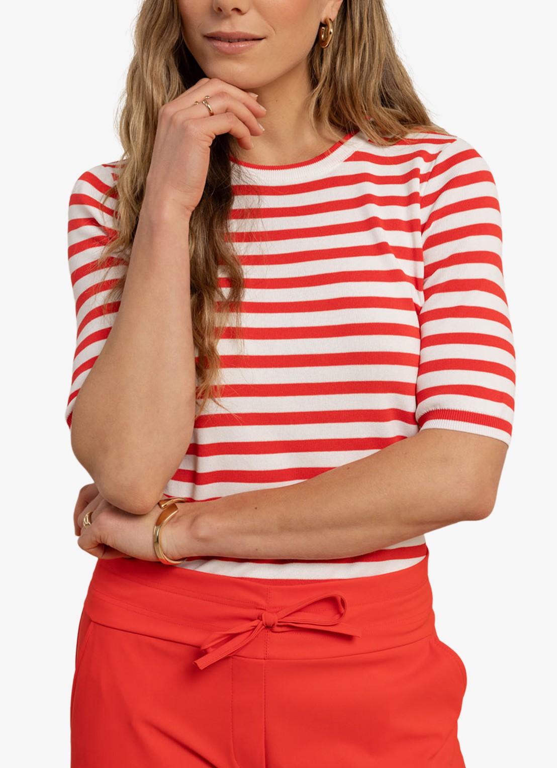 Studio Anneloes Luna fijngebreide pullover met streepprint - detail koraal