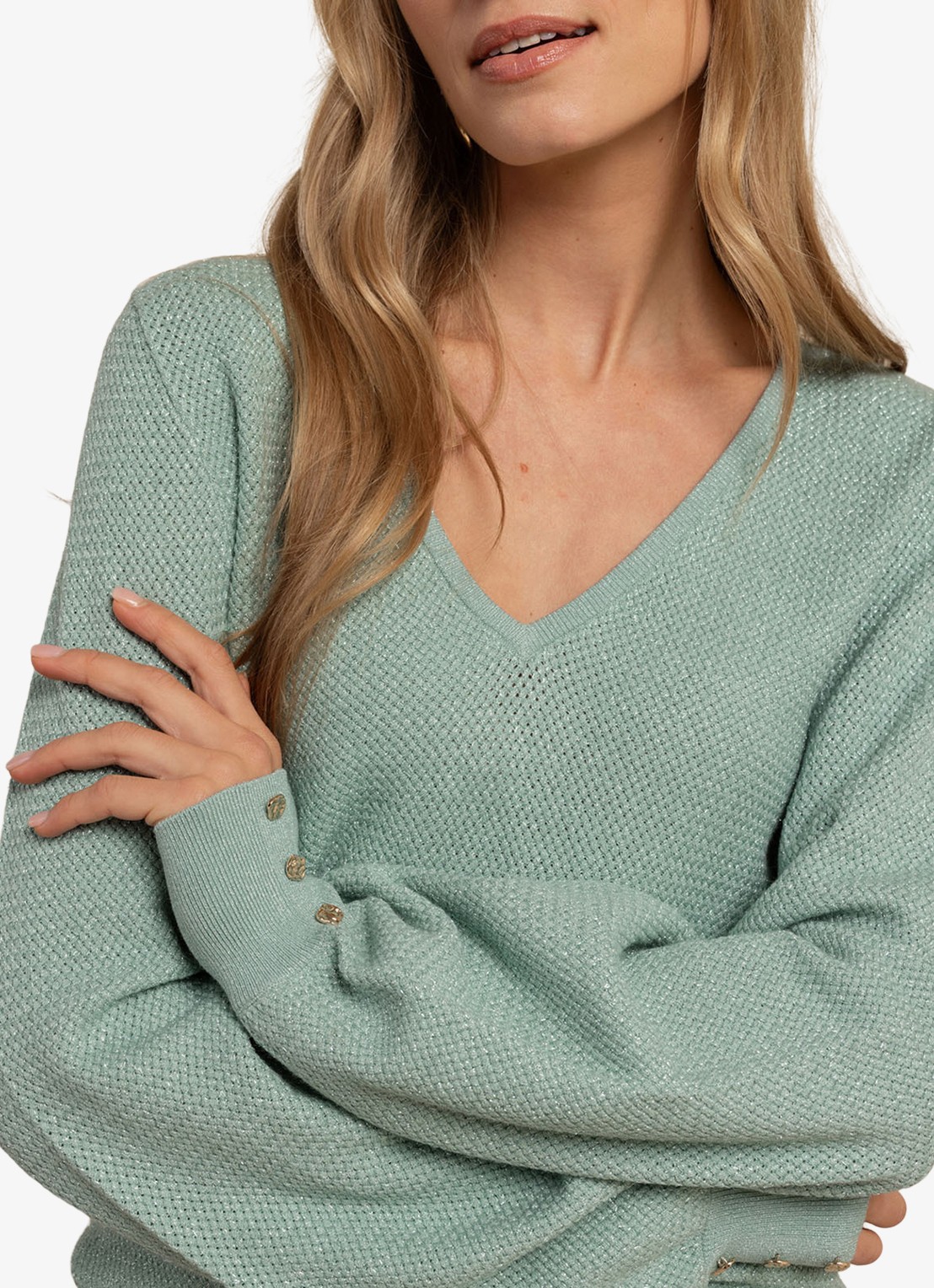 Studio Anneloes Nika grofgebreide pullover met v-hals - detail 2 groen