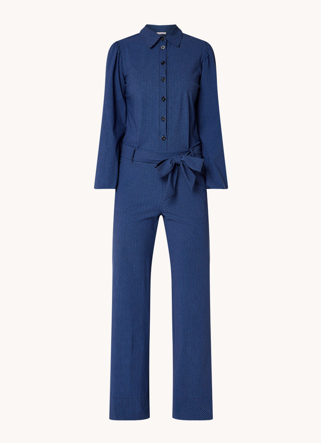 Studio Anneloes Nouk flared fit jumpsuit van travelstof met grafische print - voorkant 3 kobaltblauw