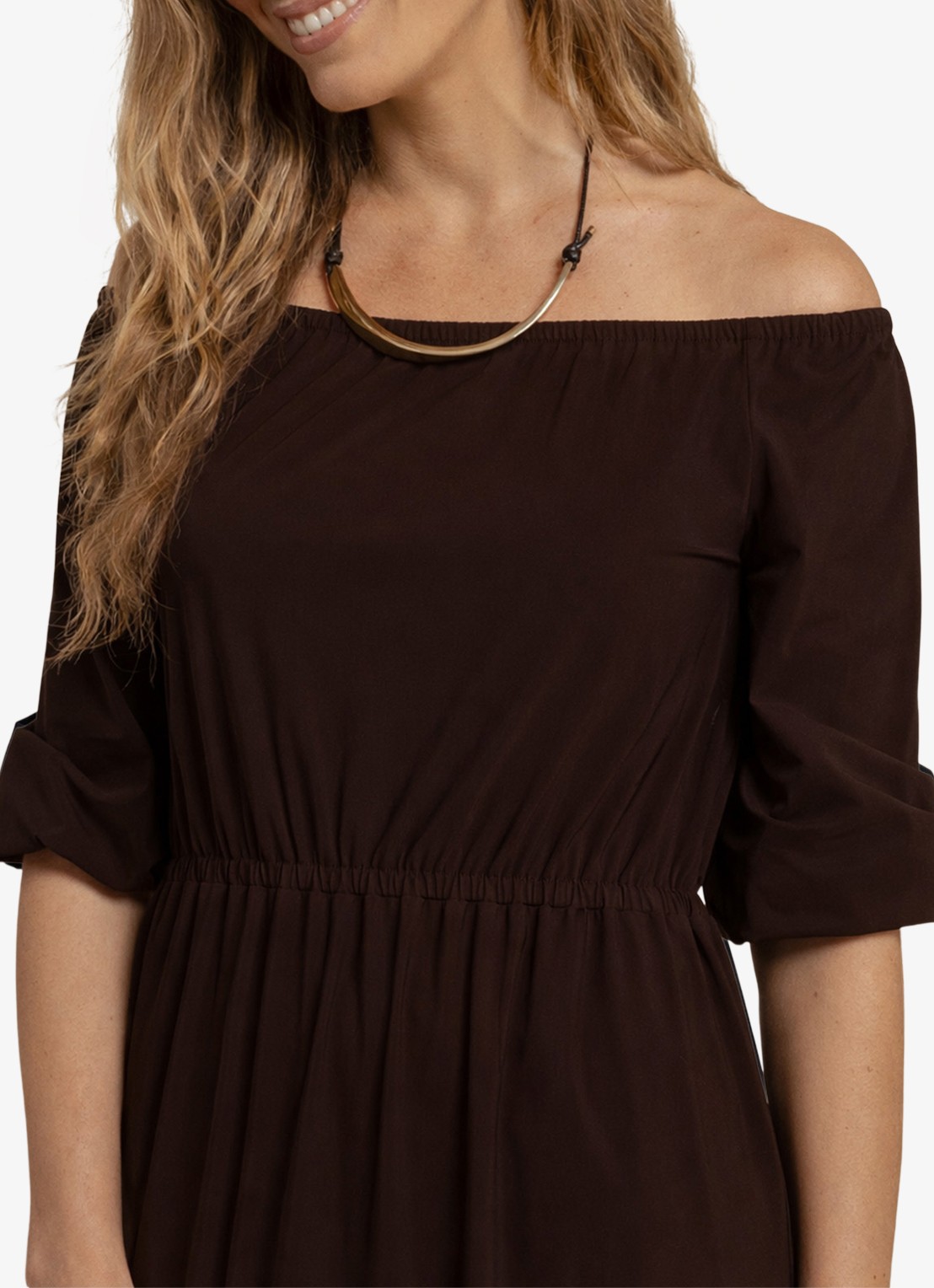 Studio Anneloes Off shoulder midi jurk met stretch - detail 4 bruin
