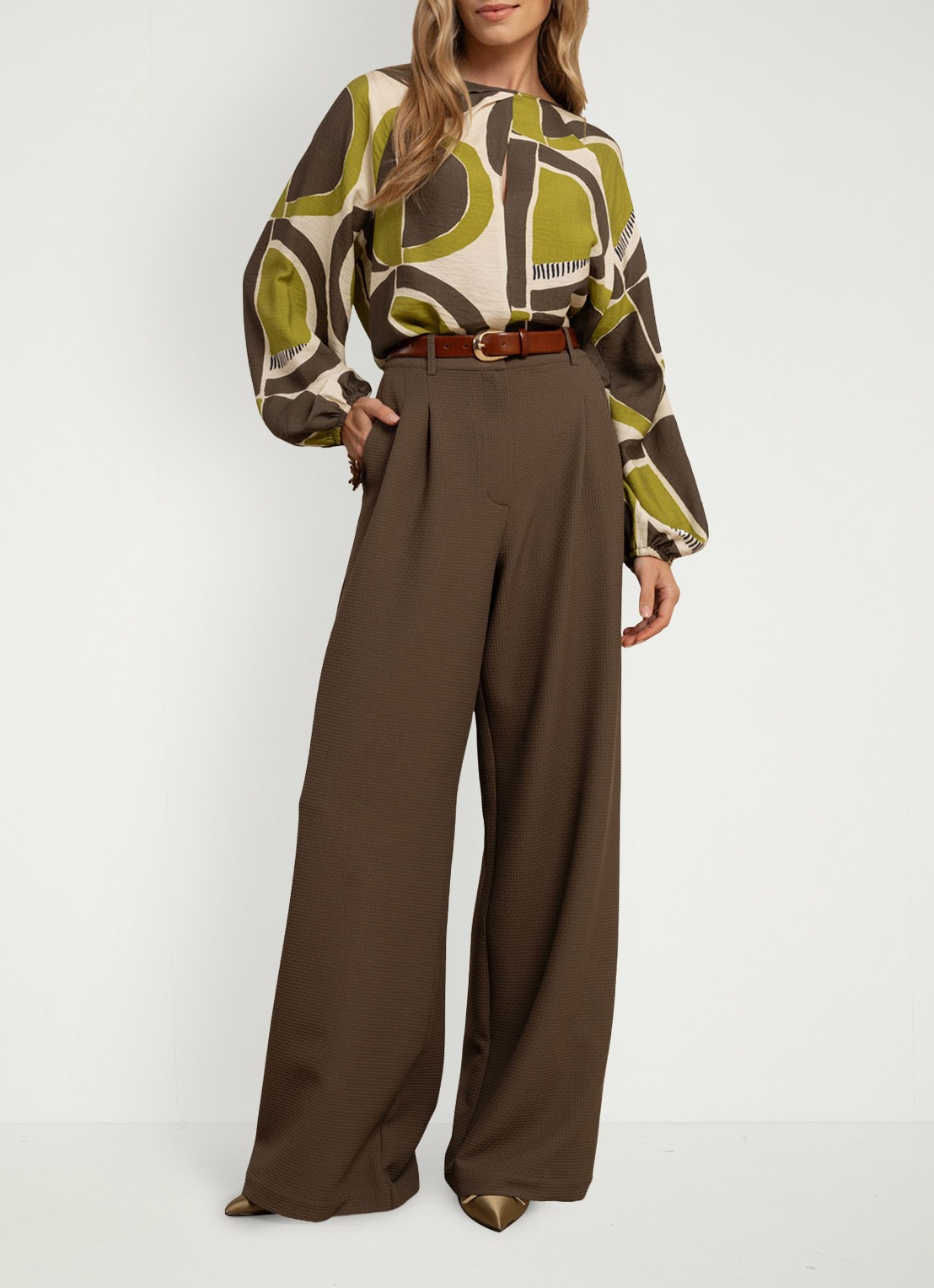Studio Anneloes Skye high waist wide fit pantalon met structuur - voorkant 4 bruin