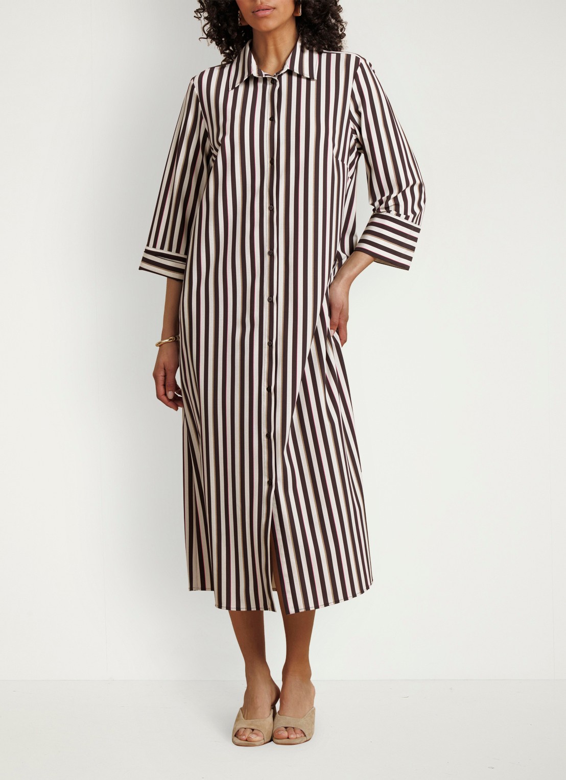Studio Anneloes Soof midi blousejurk met steekzakken - voorkant 2 donkerbruin