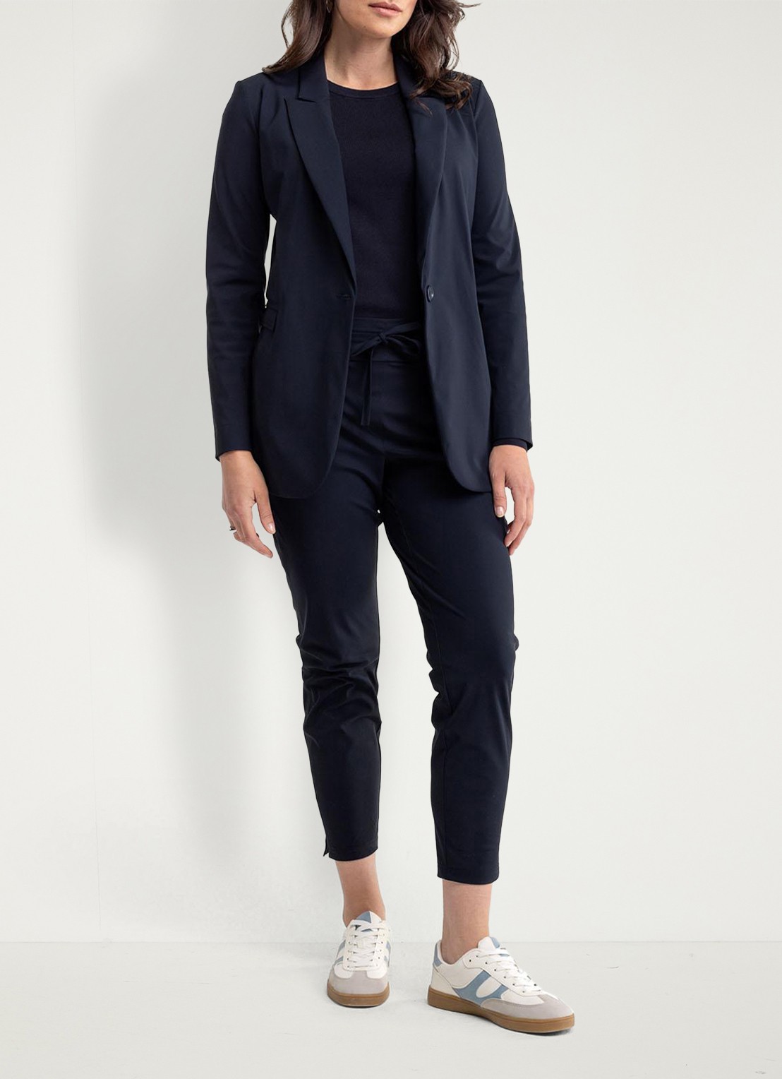 Studio Anneloes Startup high waist cropped slim fit broek met trekkoord - voorkant 2 donkerblauw