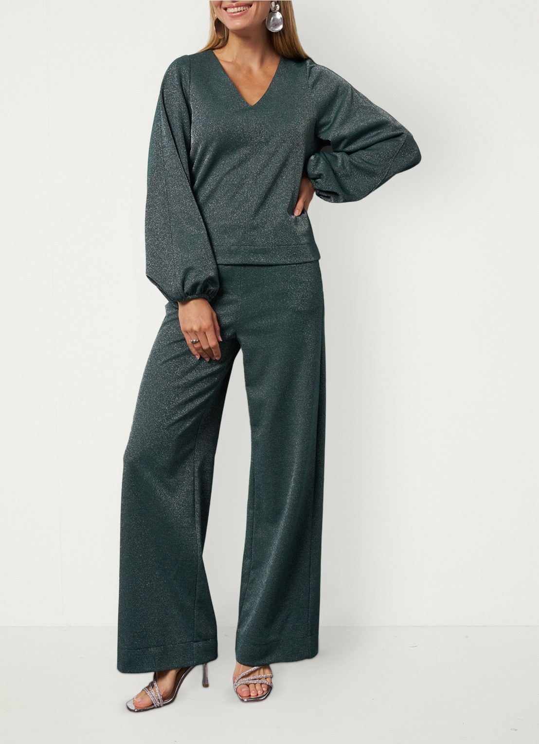 Studio Anneloes Sweater met V-hals en lurex - voorkant 3 groen