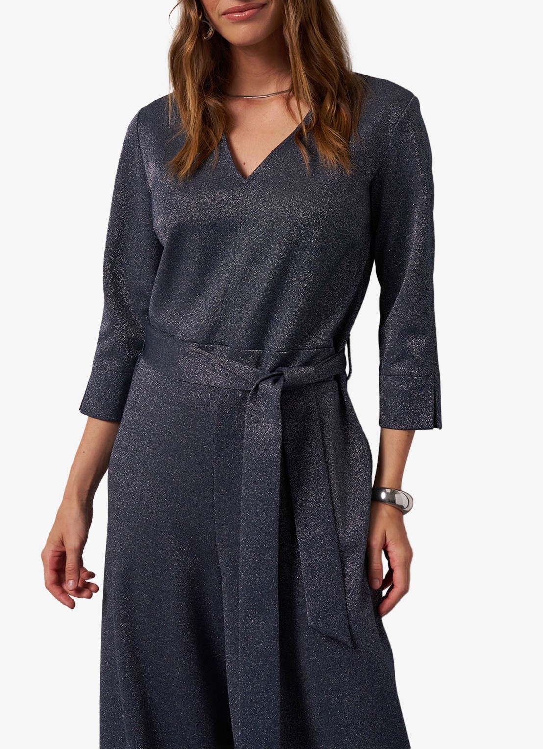 Studio Anneloes Wide fit jumpsuit met lurex en strikceintuur - detail 2 blauwgrijs