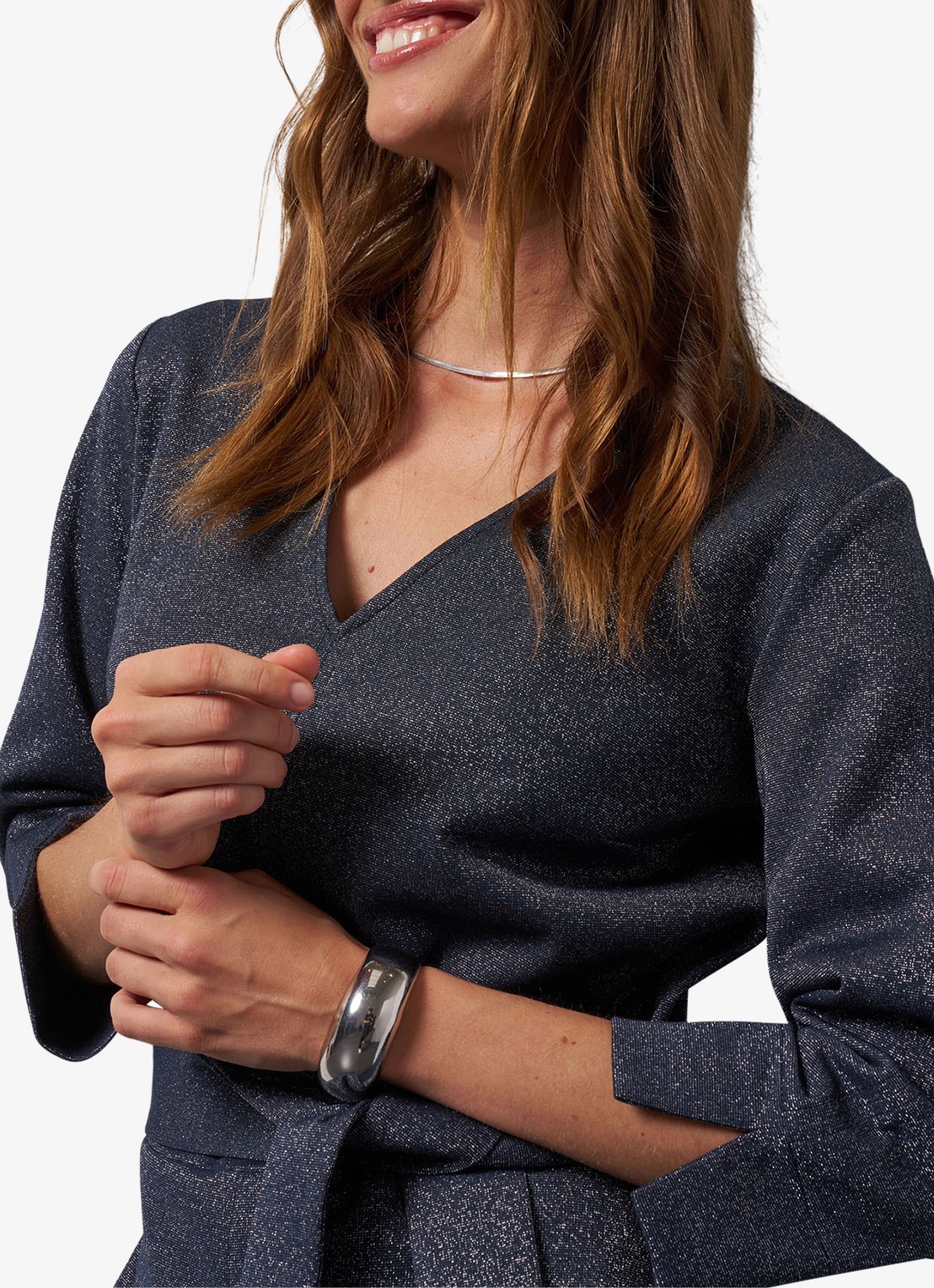 Studio Anneloes Wide fit jumpsuit met lurex en strikceintuur - detail 3 blauwgrijs