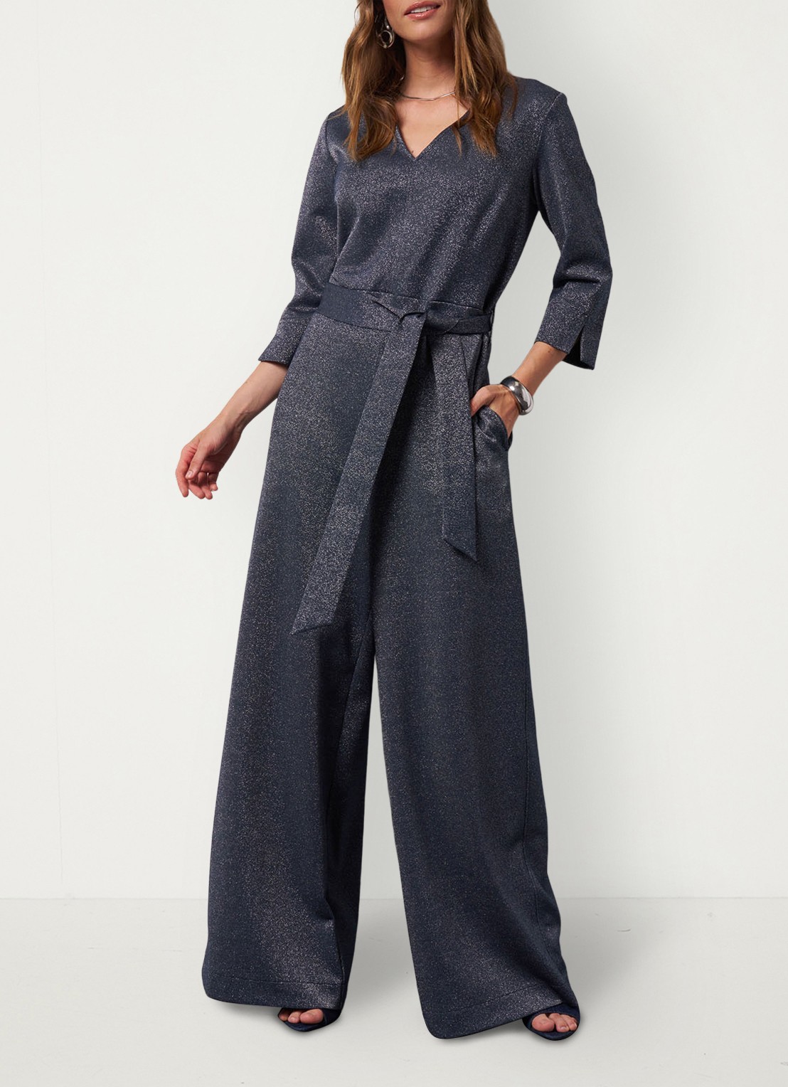Studio Anneloes Wide fit jumpsuit met lurex en strikceintuur - voorkant 5 blauwgrijs