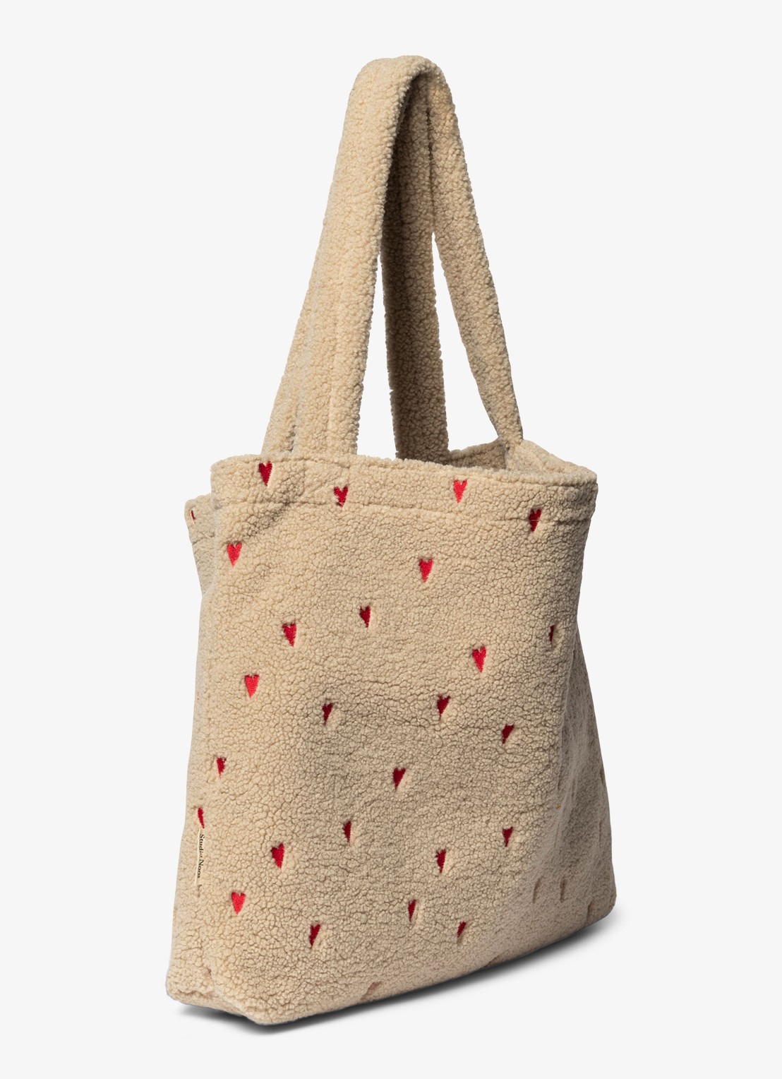 Studio Noos Hearts Mom-Bag van teddy met borduring - detail donkerbeige