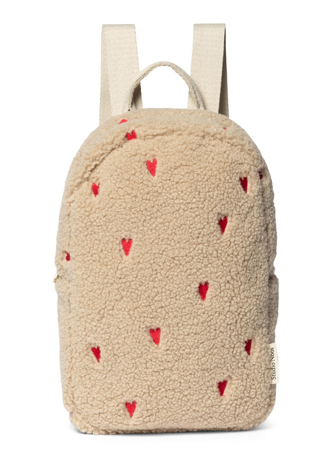 Studio Noos Hearts rugzak van teddy met borduring - voorkant beige