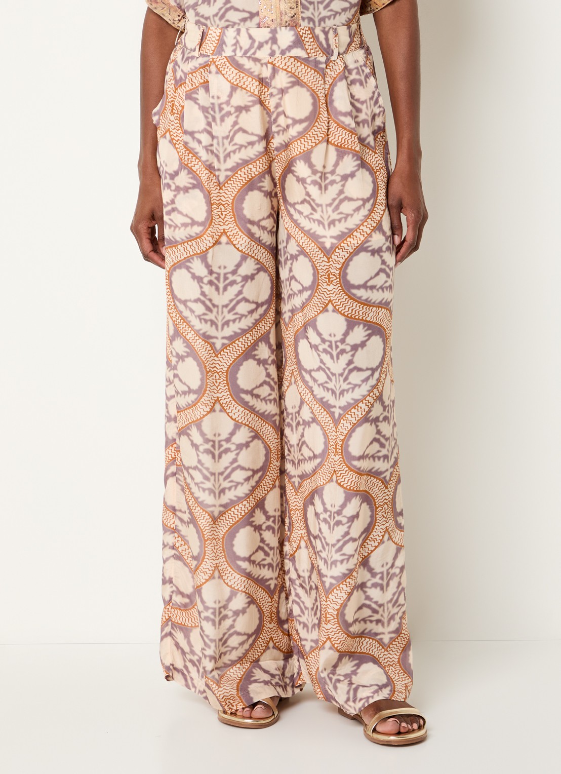 Summum Art Deco high waist loose fit broek met print - detail 2 gebroken wit