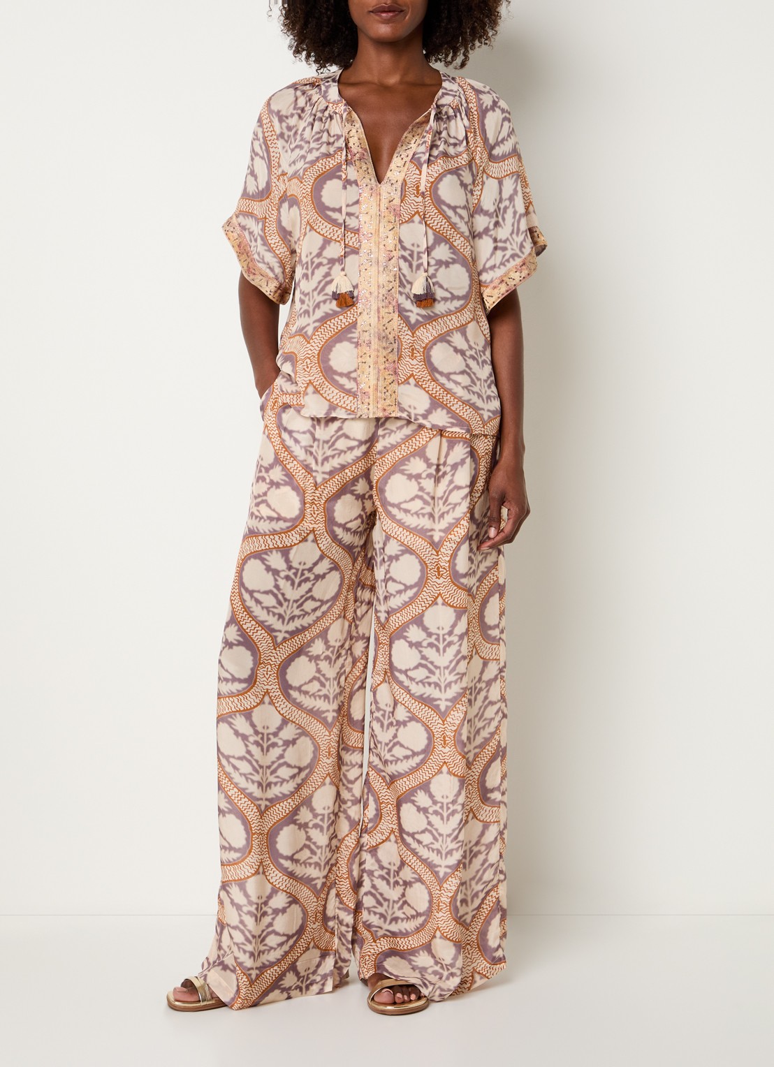 Summum Art Deco high waist loose fit broek met print - voorkant 4 gebroken wit