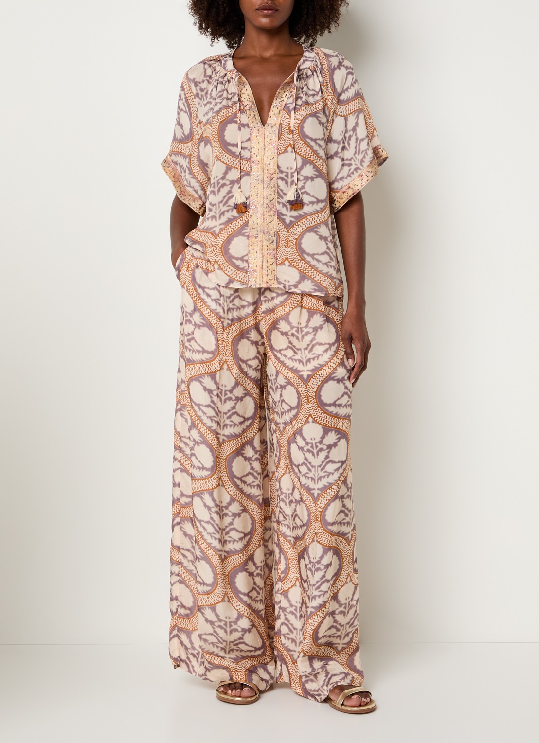Summum Art Deco tuniek met pailletten en print - voorkant 3 gebroken wit