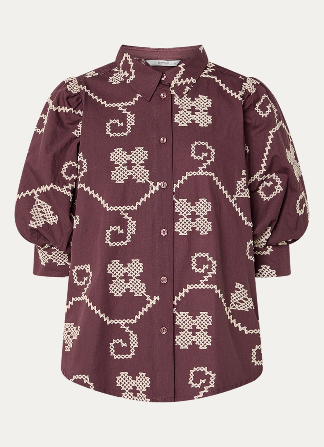 Summum Blouse met borduring en pofmouw - voorkant 3 aubergine